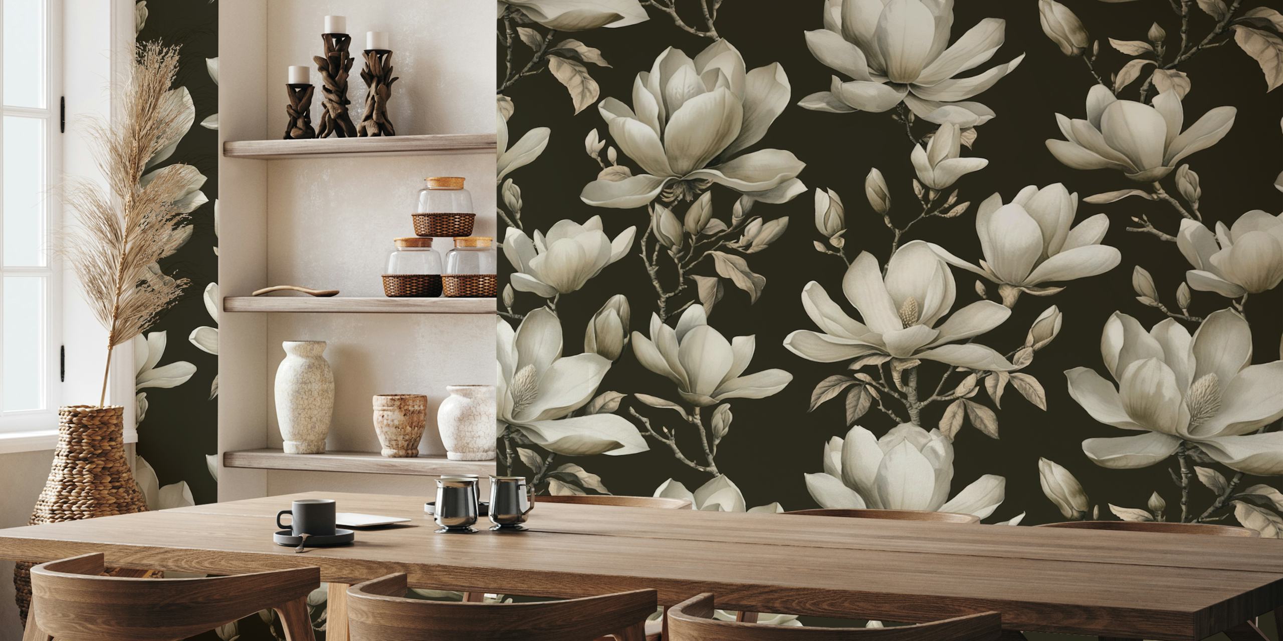 Elfenbensmagnoliablomster på et brunt veggmaleri