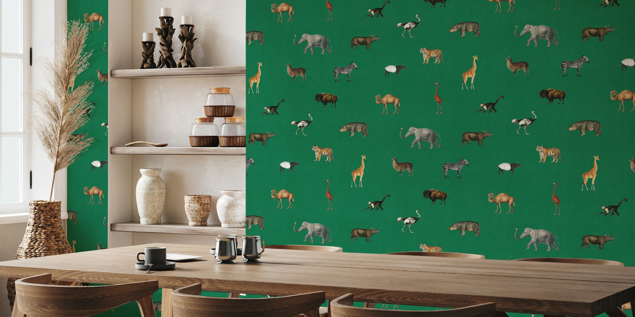 Papier peint vert émeraude avec des illustrations de la faune
