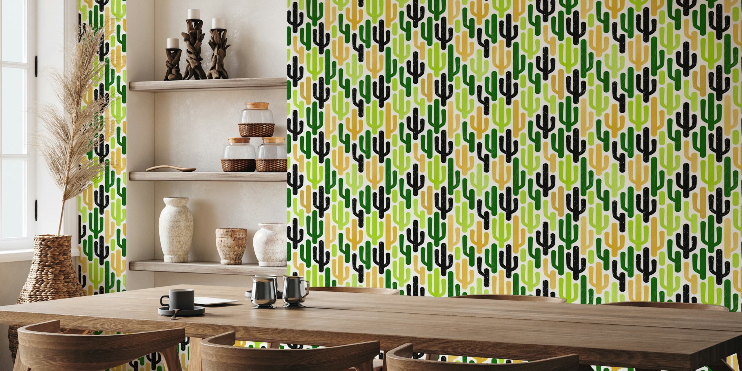 Colorful cactus patterns in green, black, and beige wallpaper