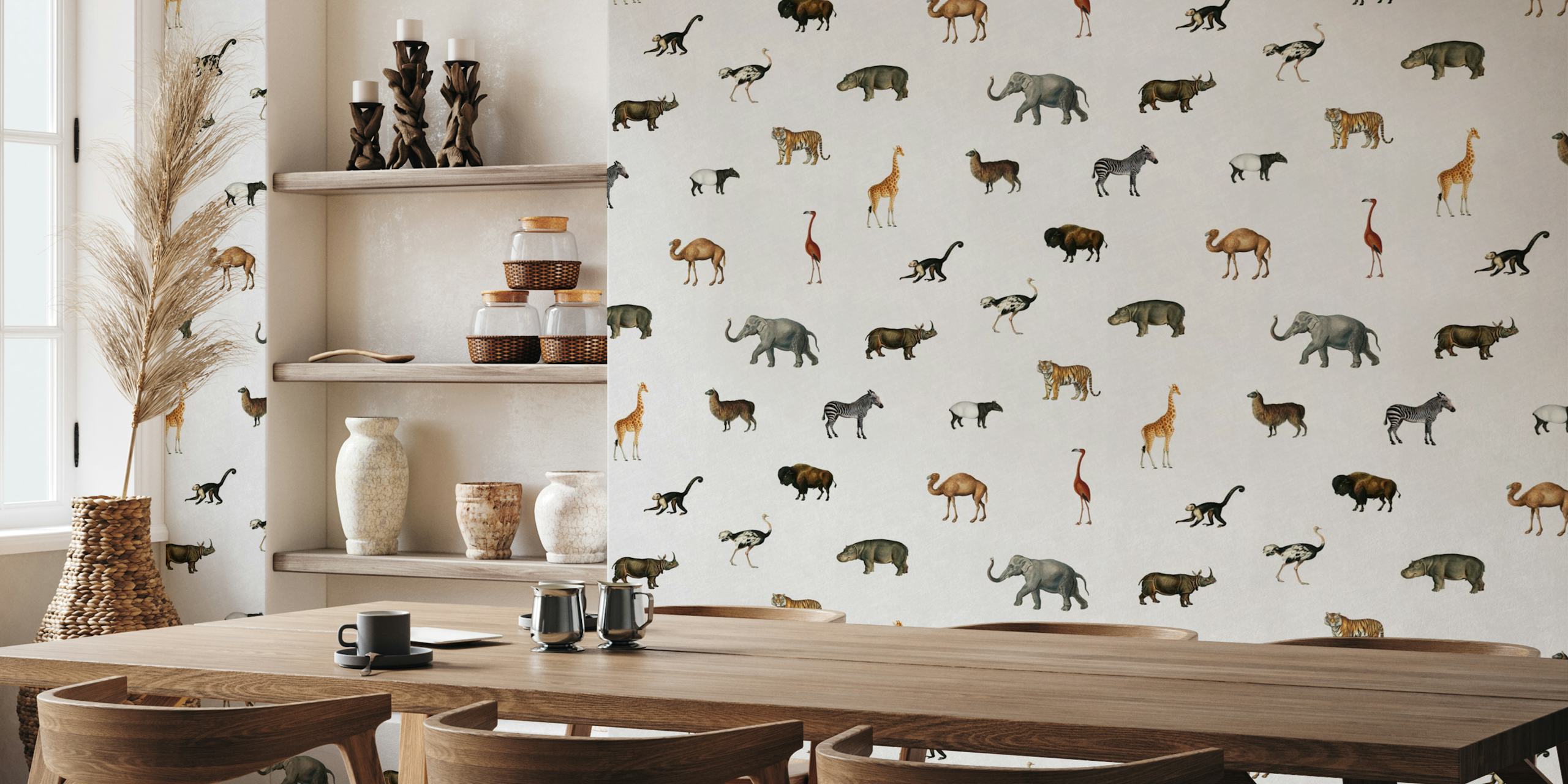 Various animals like elephants, tigers, and giraffes on soft white wallpaper
