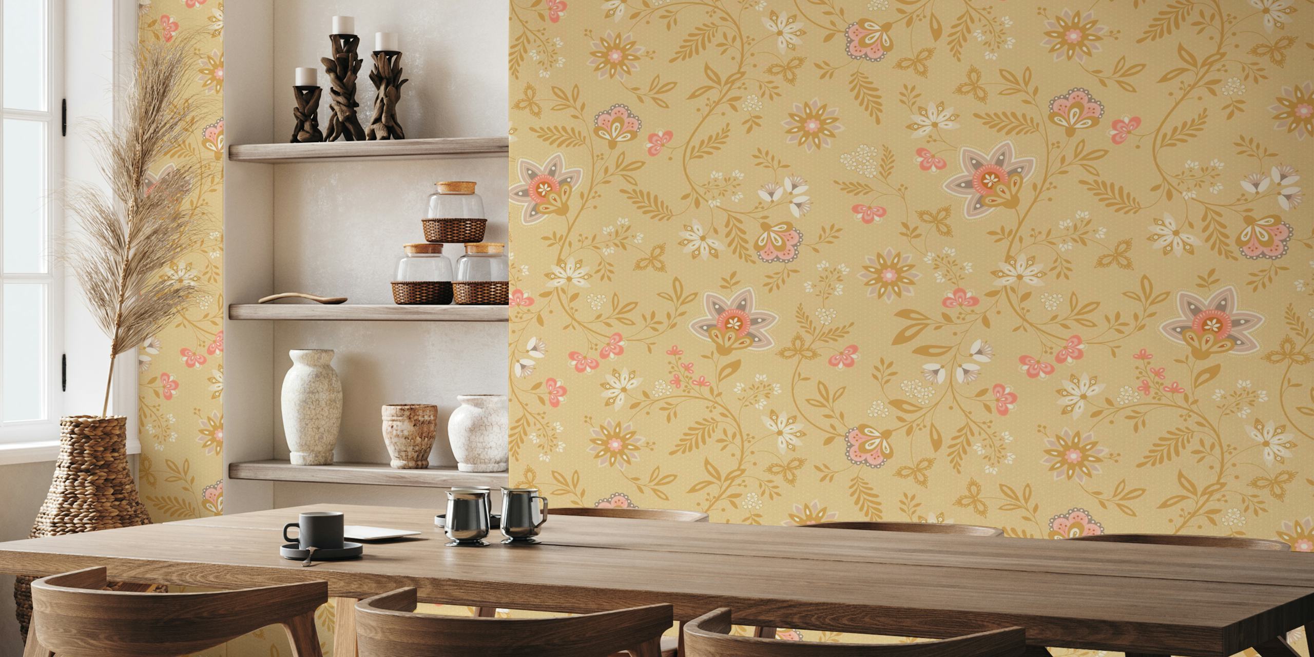 Beige floral wallpaper featuring vintage pink and white flowers with green leaves