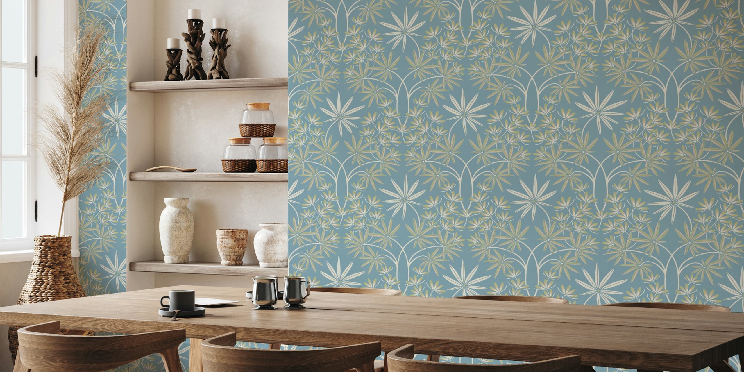 Light blue floral damask wallpaper with delicate green leaves