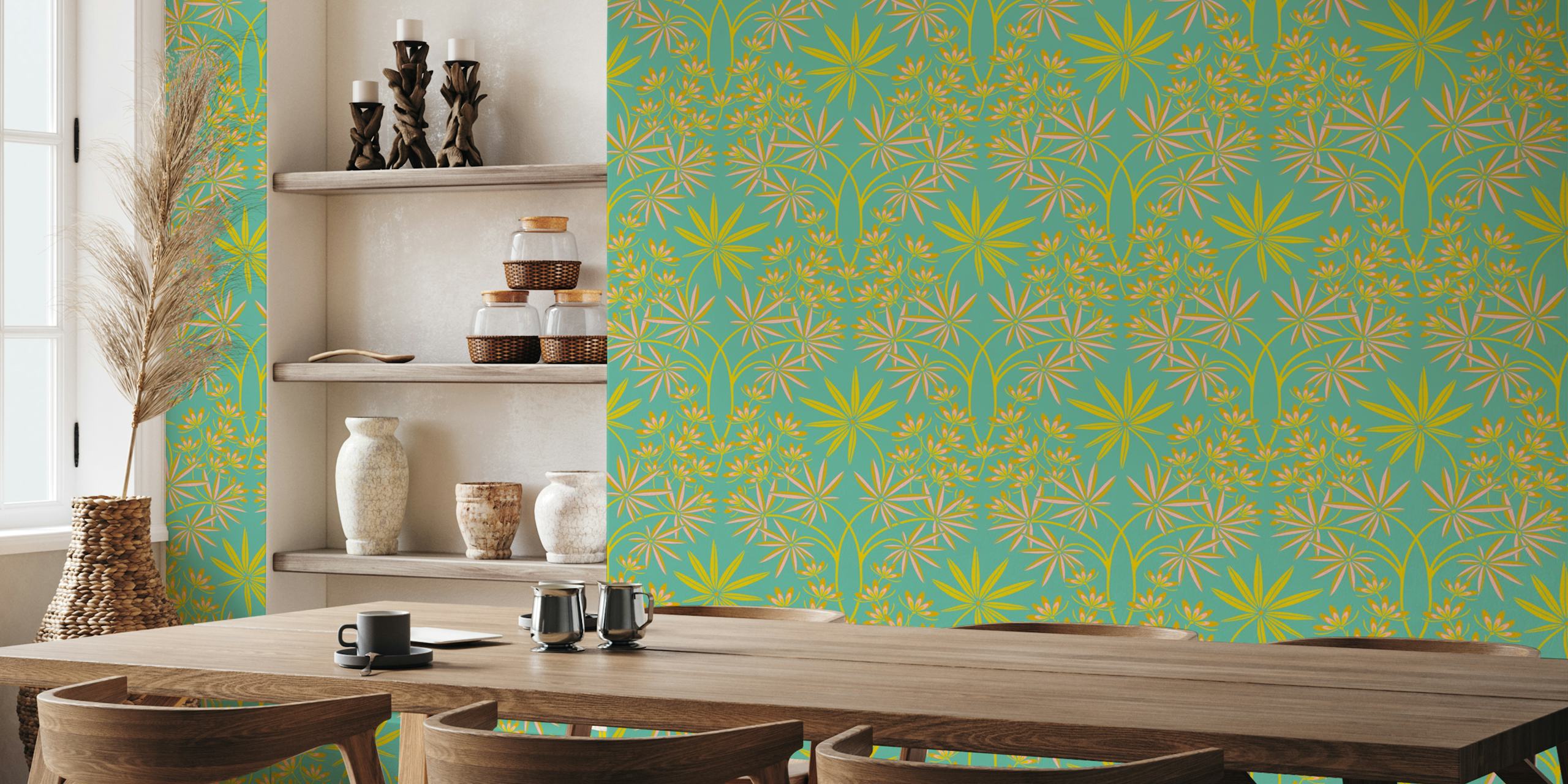 Papier peint mural à motif damassé floral tropical en turquoise