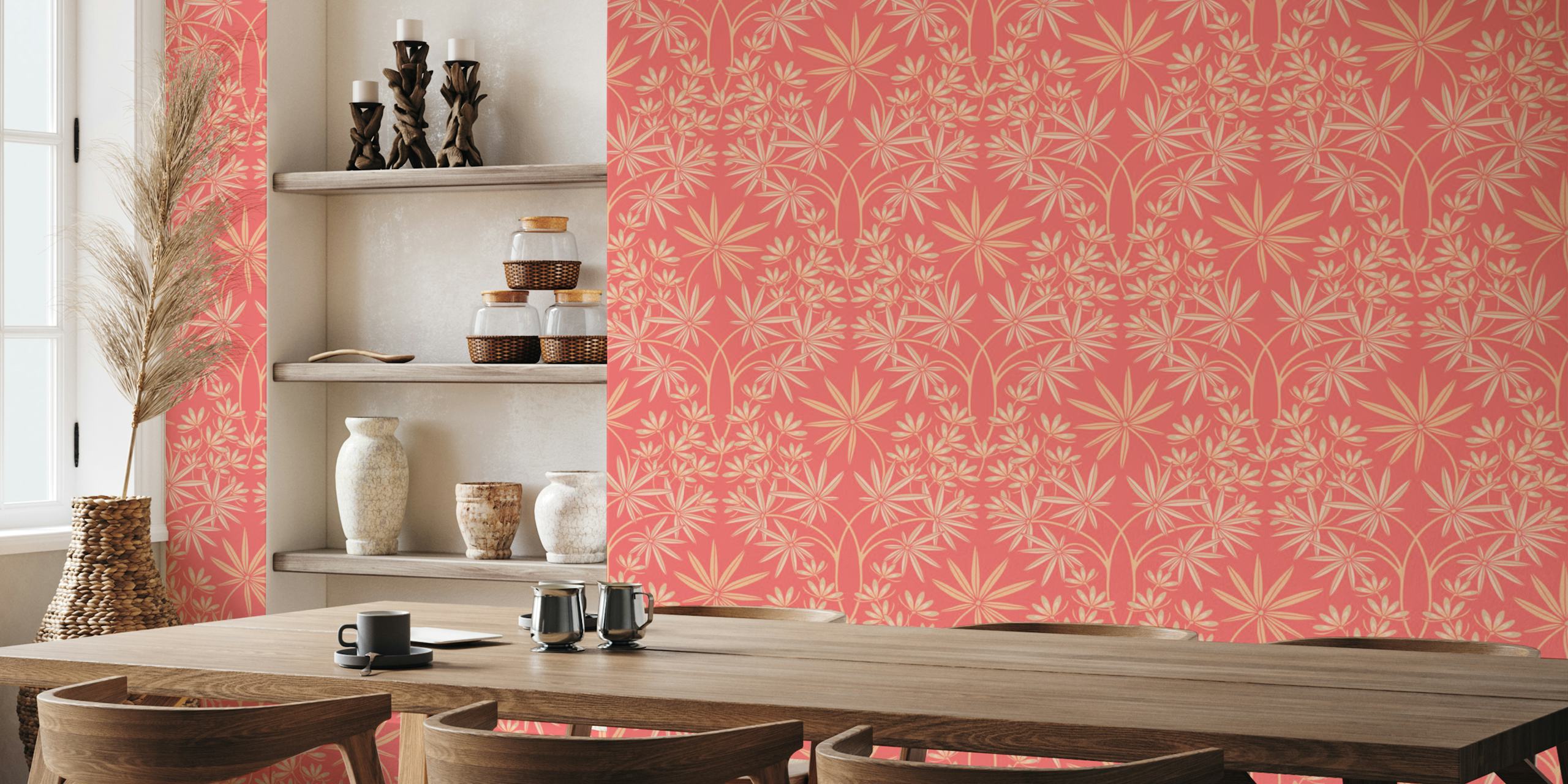 Peach floral damask pattern wallpaper featuring soft leaves and flowers