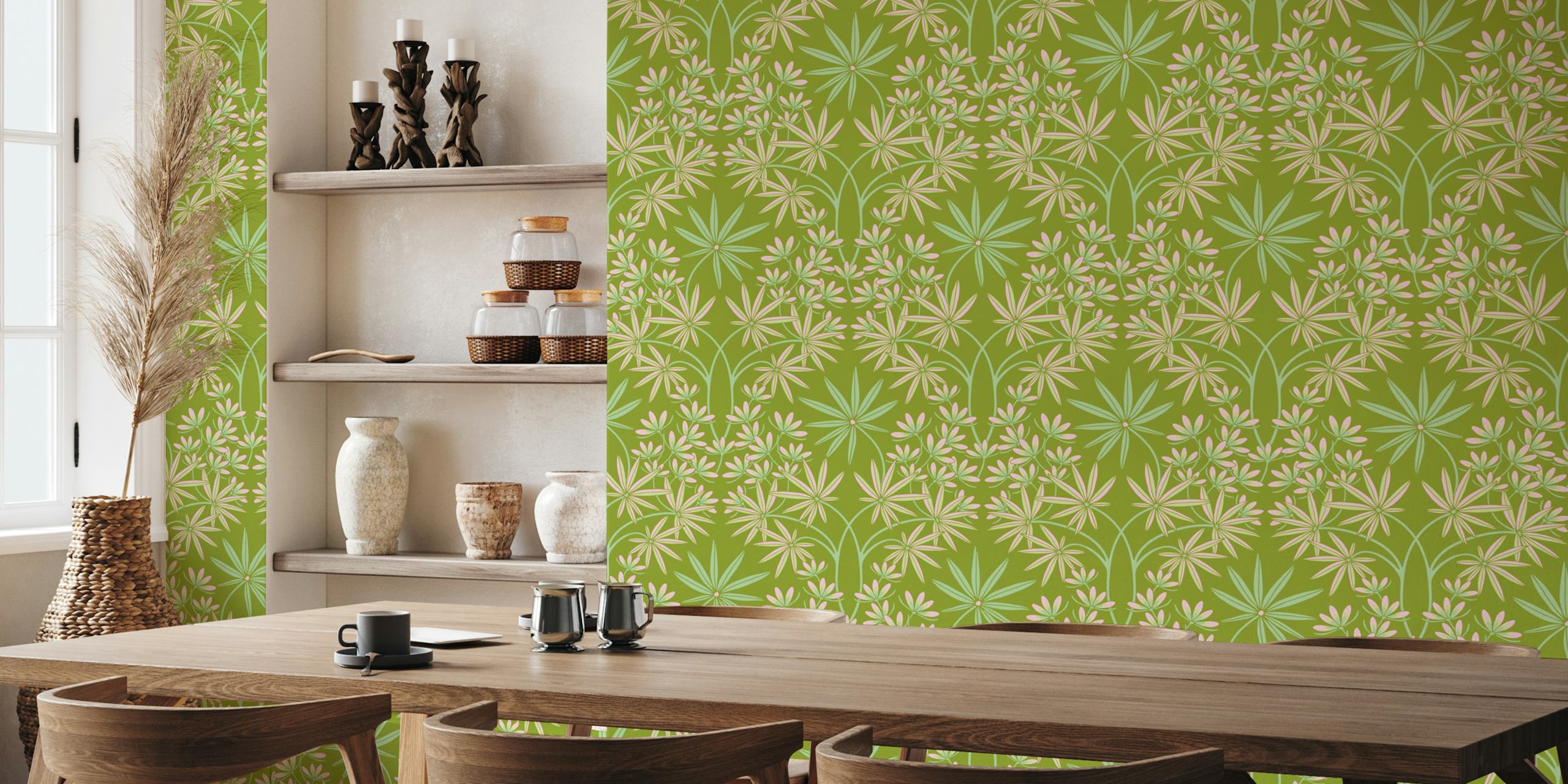 Floral damask wallpaper in spring green