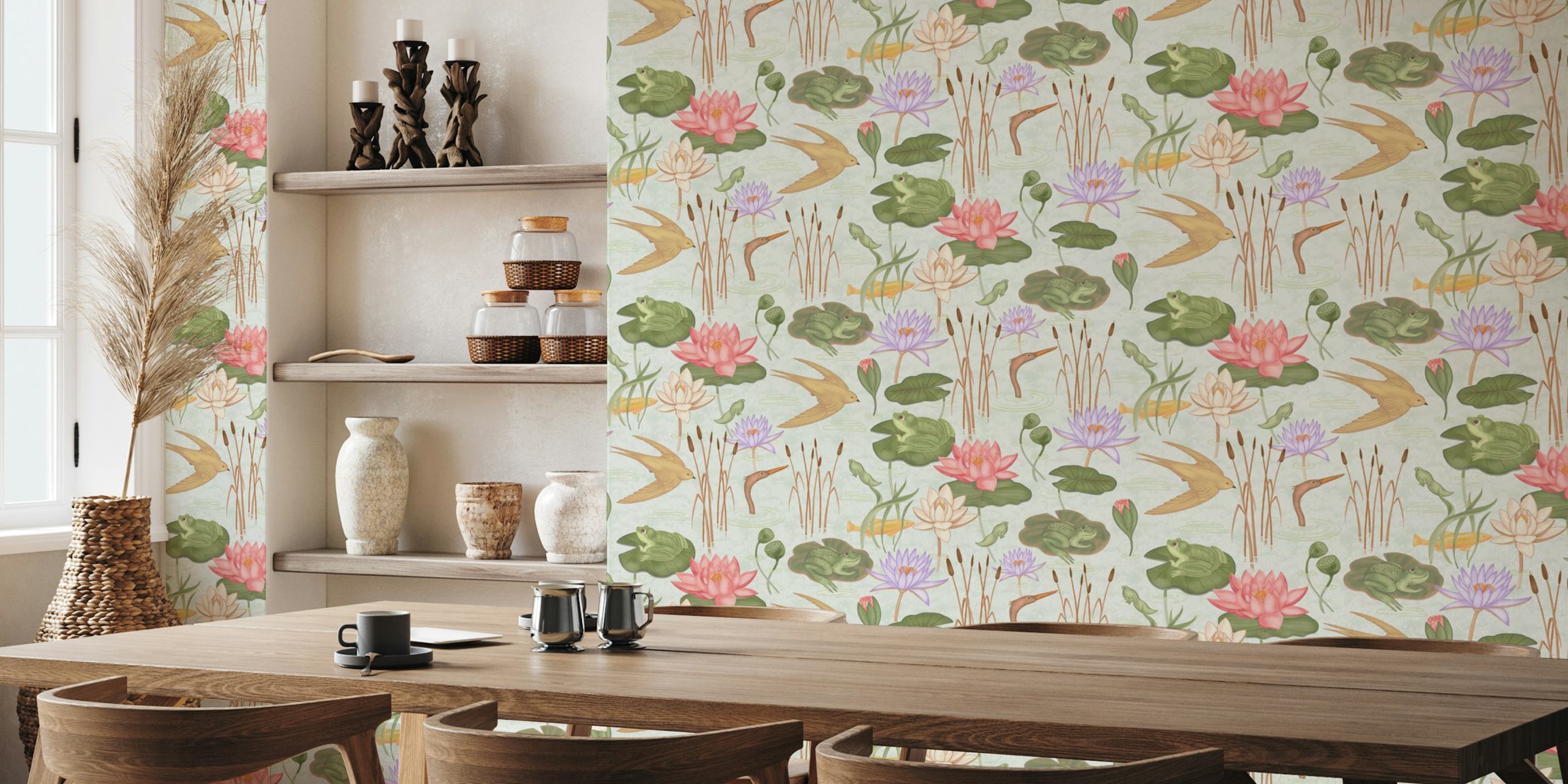Frog and lotus illustrations in pastel colors wall mural