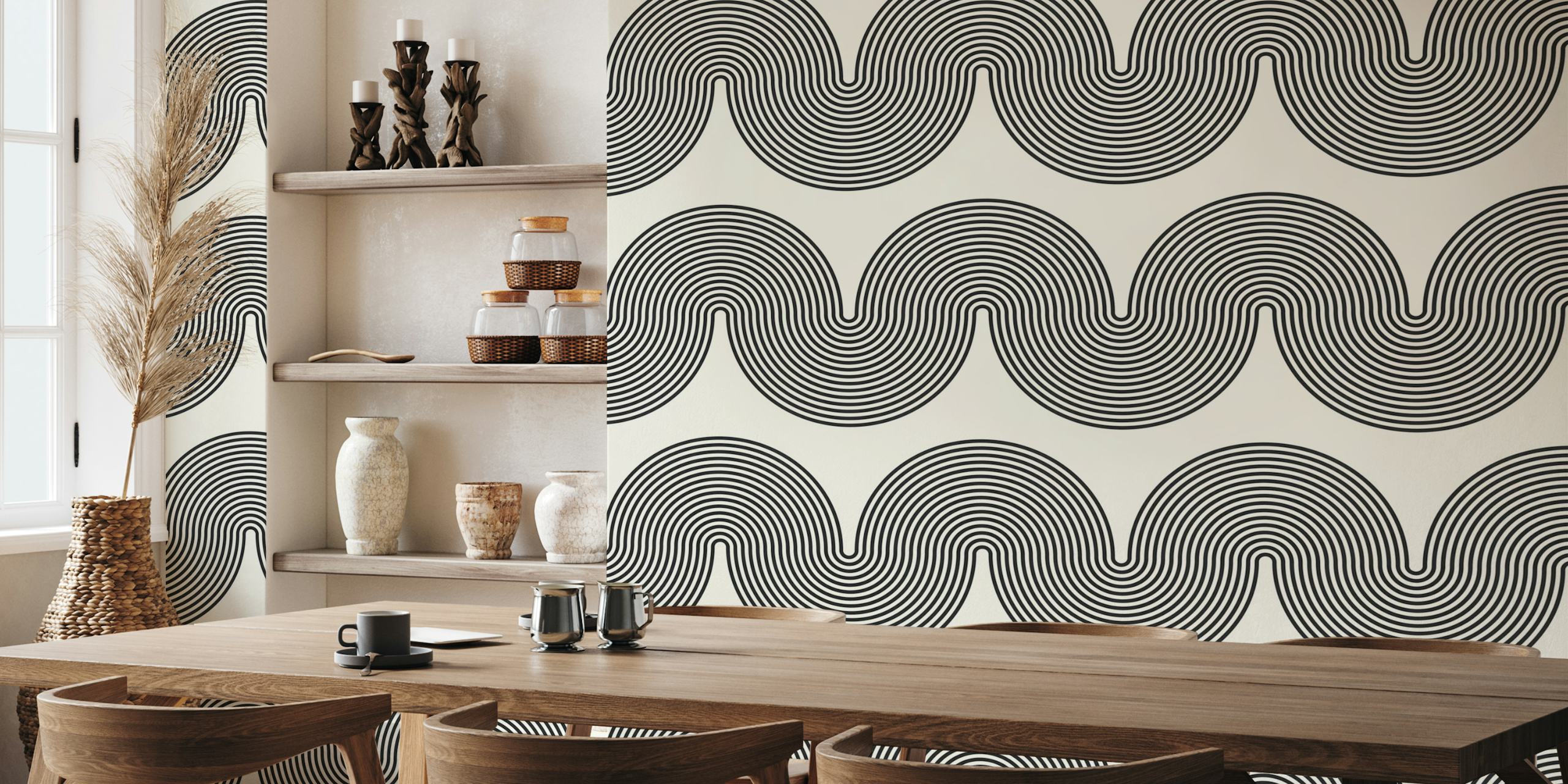 Black and white geometric patterned wallpaper featuring curved lines