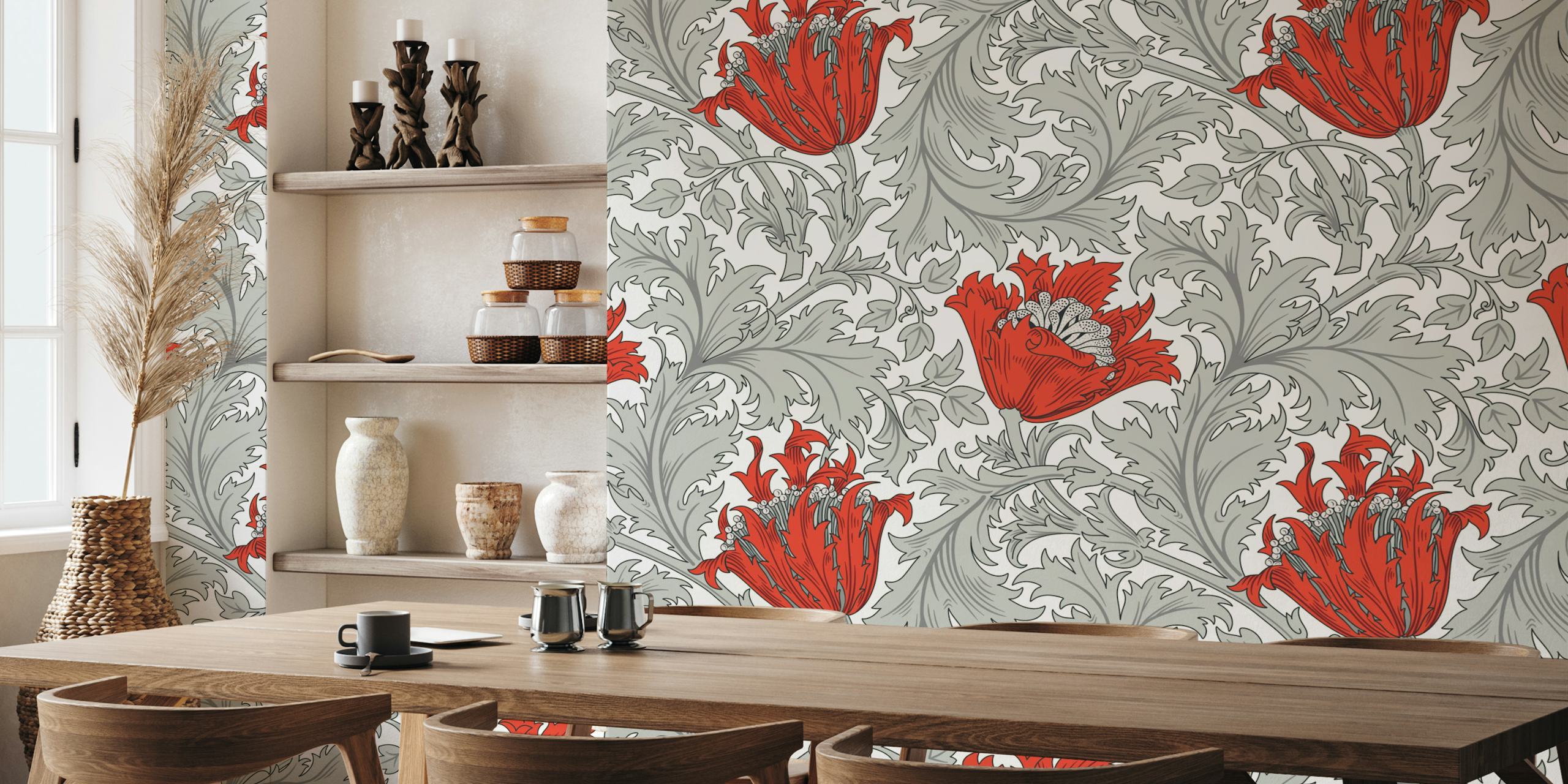 Fotomural Patrón de anémona victoriana 5 con flores rojas y hojas grises