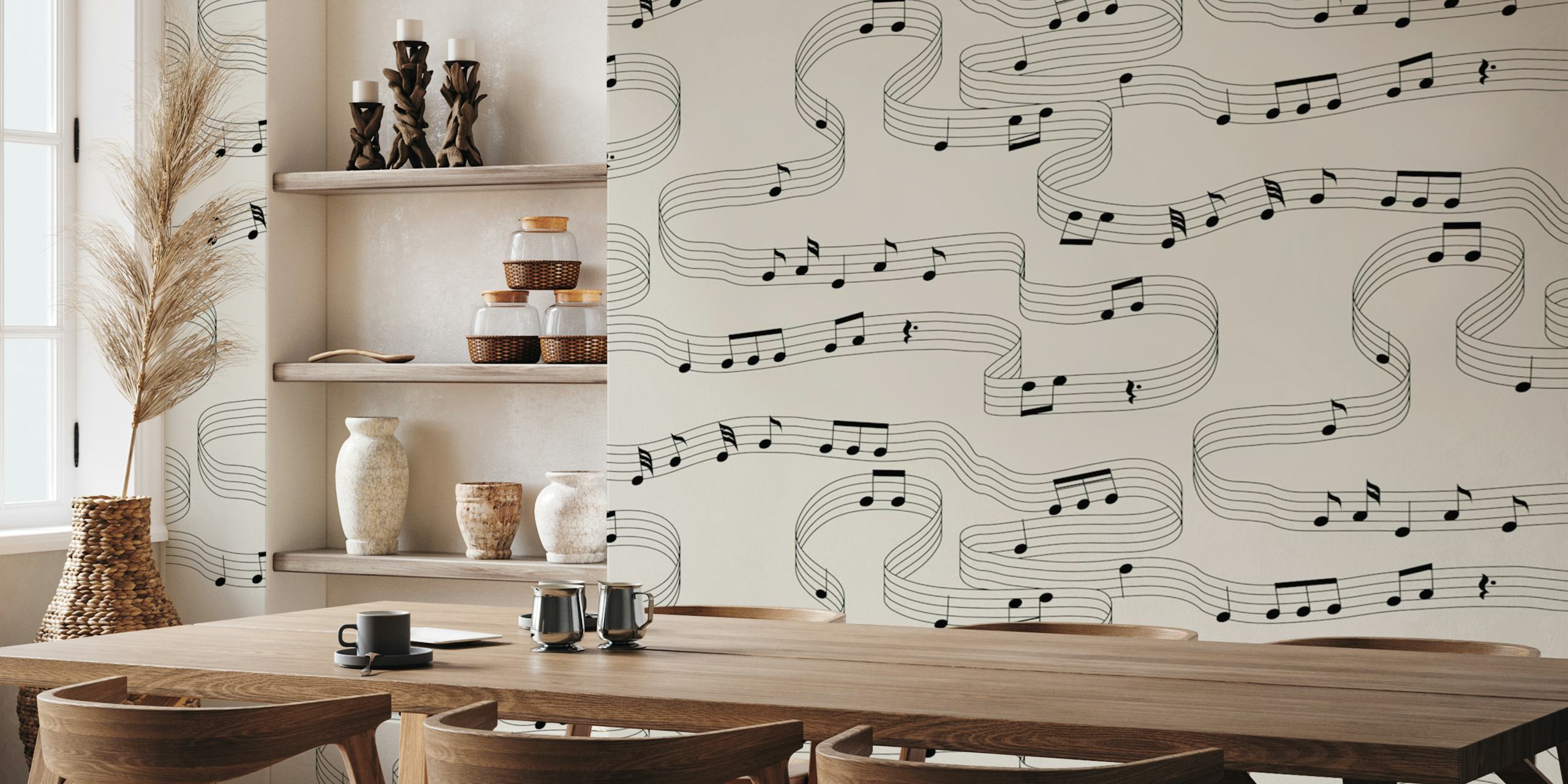 Musical notes black and cream wallpaper in a room