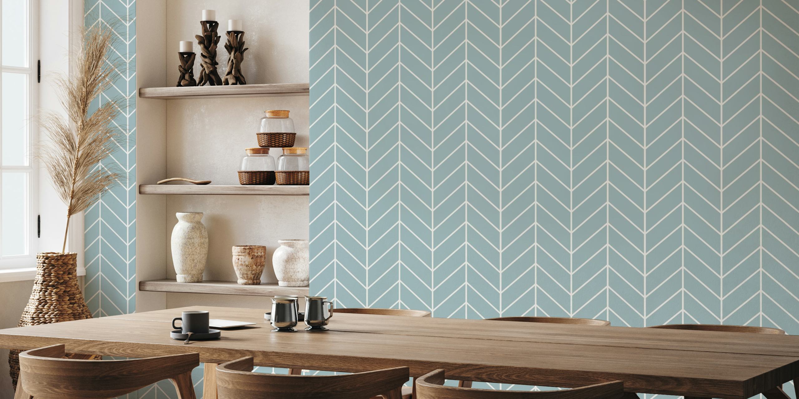 Chevron pattern in soft blue and white on wallpaper