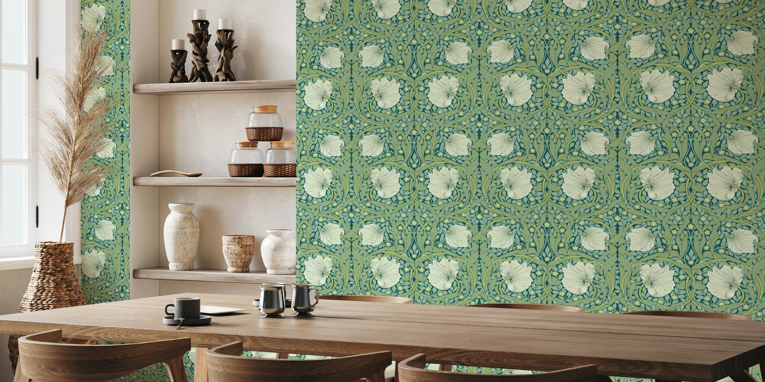 Floral wallpaper featuring white flowers and green leaves on teal background in Victorian style.