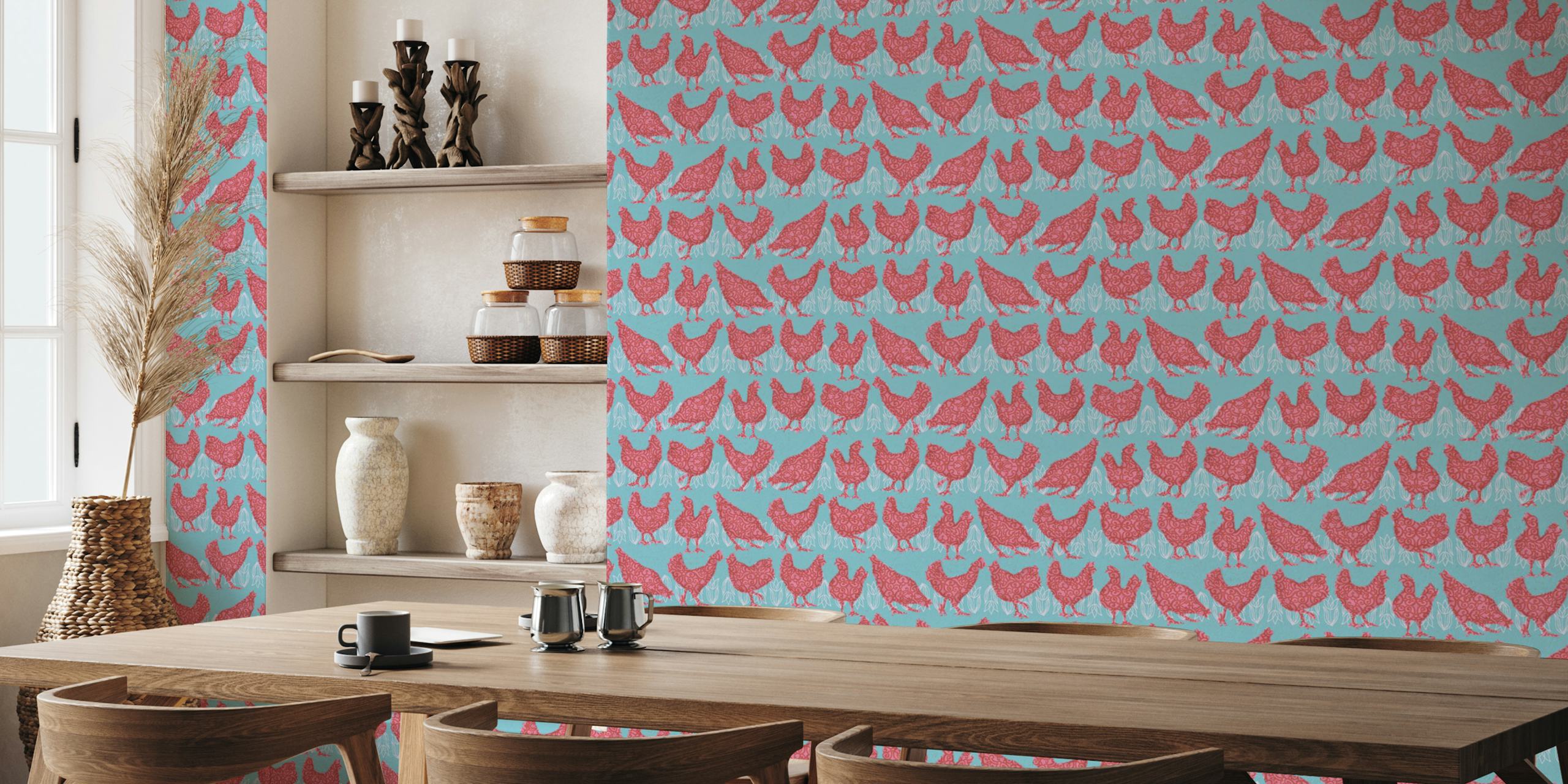 Pink chickens wallpaper in a room decor