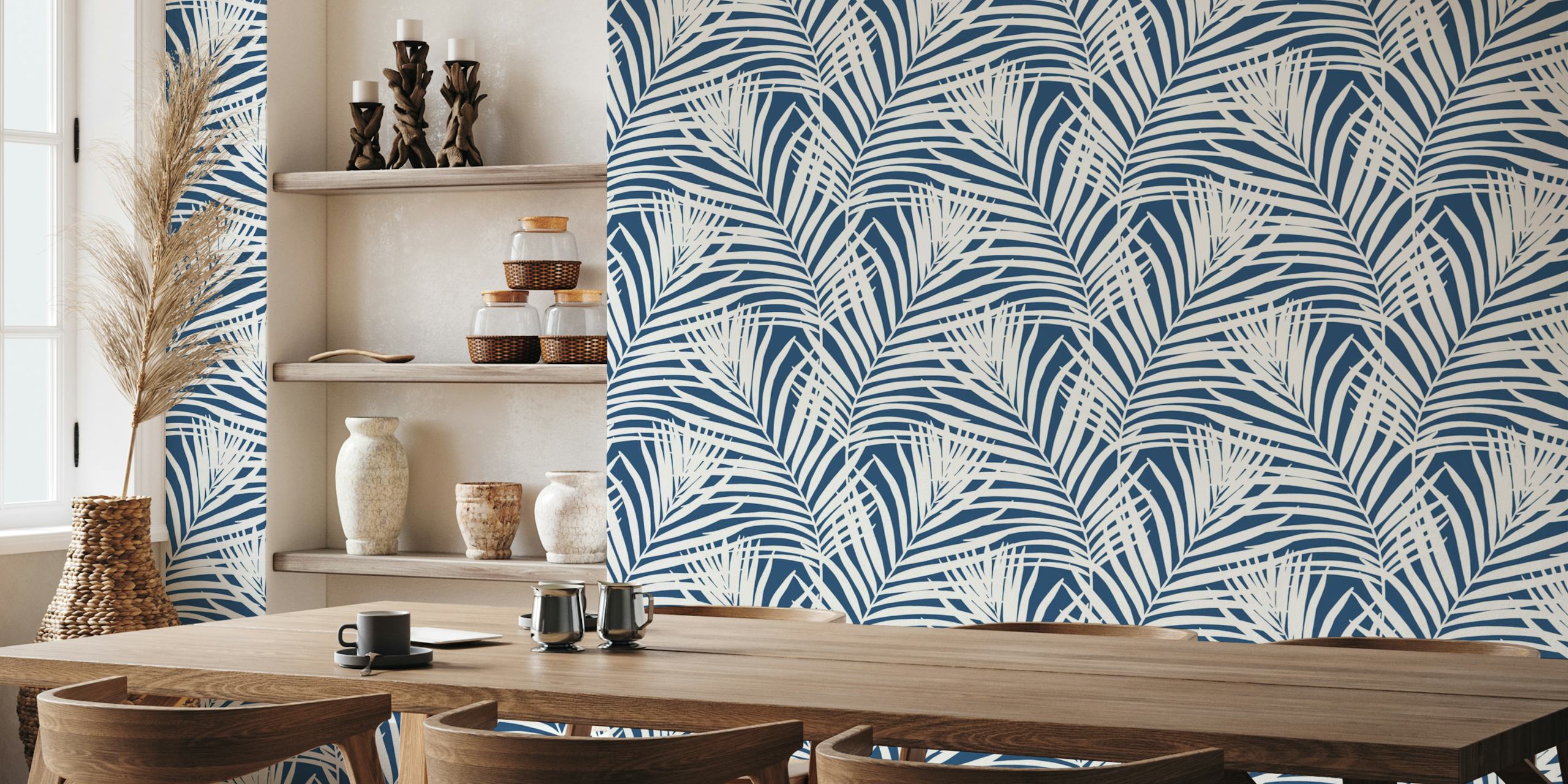 Navy blue and white palm leaves wallpaper