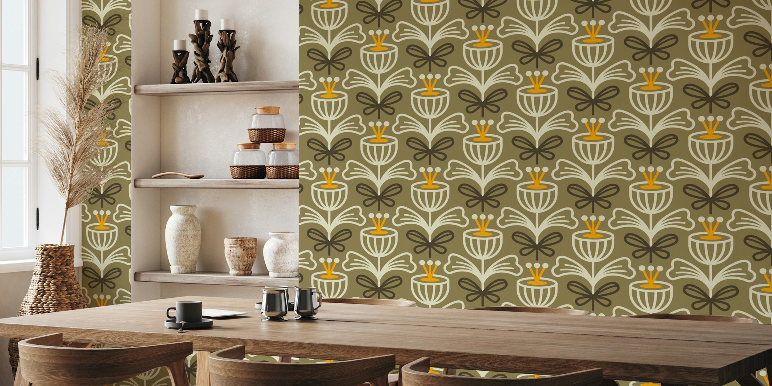Line art floral pattern with brown, yellow, and cream colors wallpaper