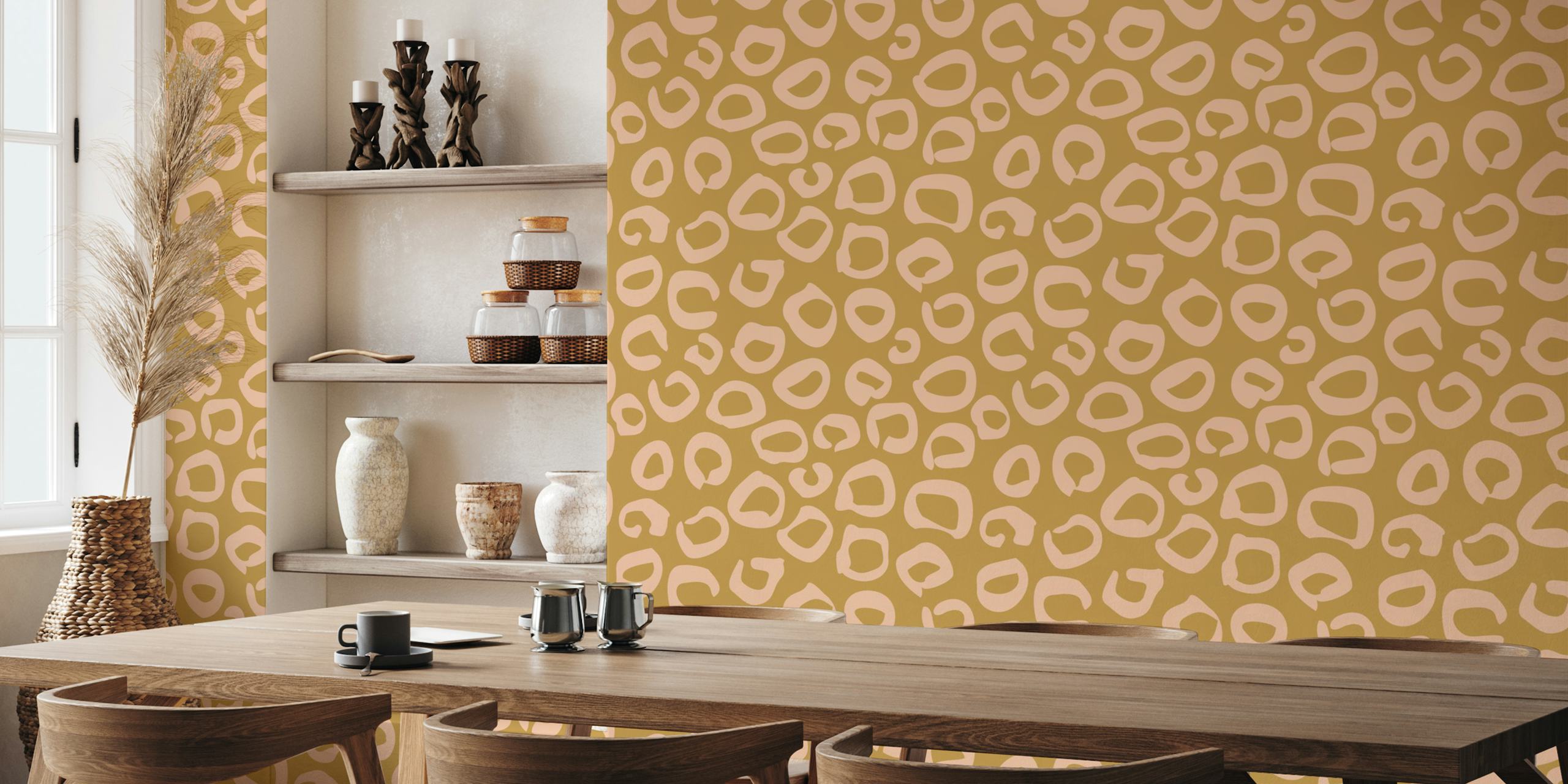 Abstract big cat spots wall mural in ocher tones.