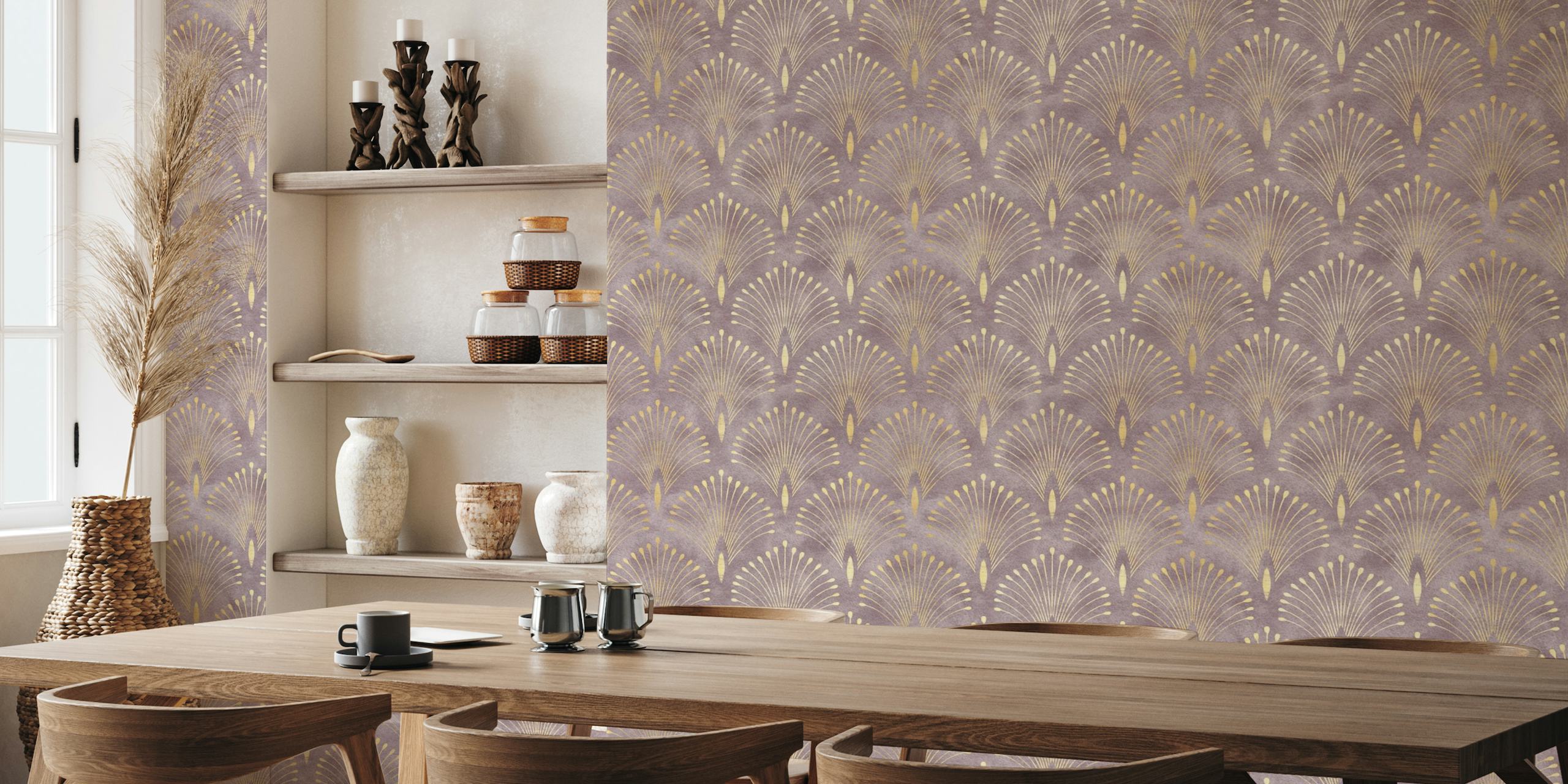 Art Deco fan pattern wallpaper in mauve with golden accents