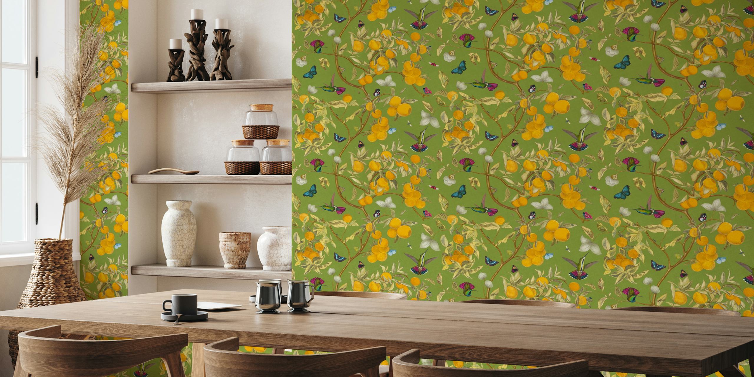 Hummingbirds, lemons, and butterflies in bright green wallpaper