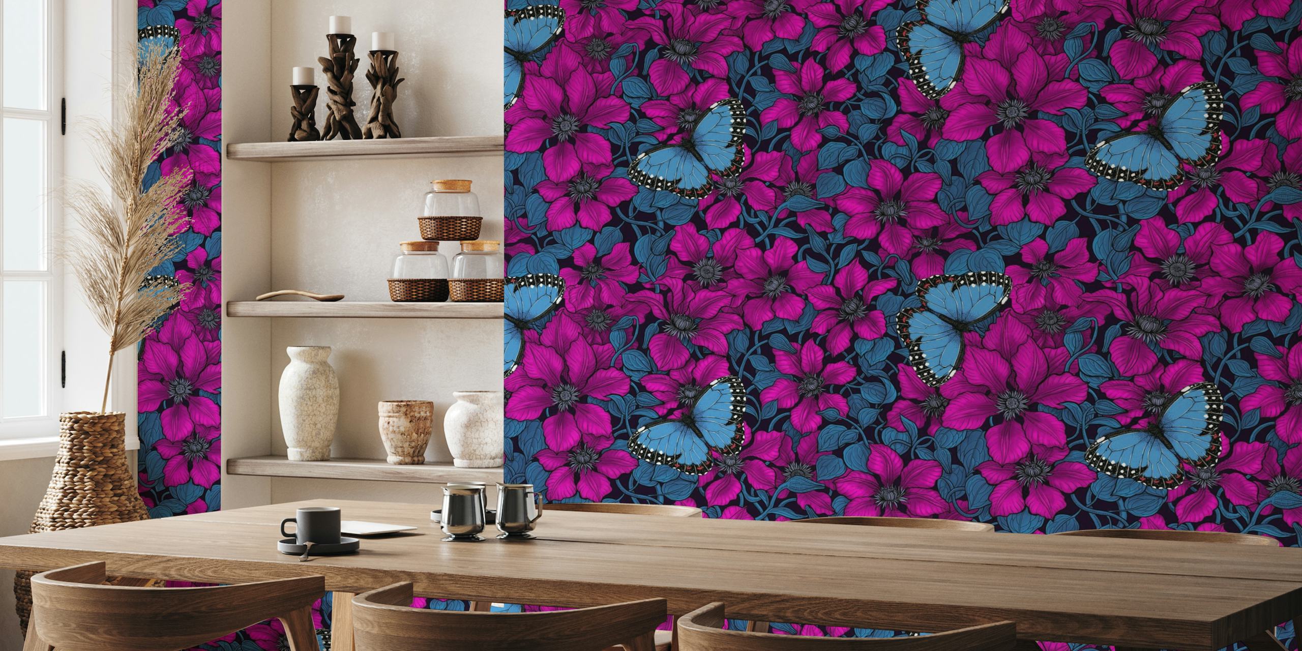 Pink clematis аnd blue morpho butterflies wallpaper