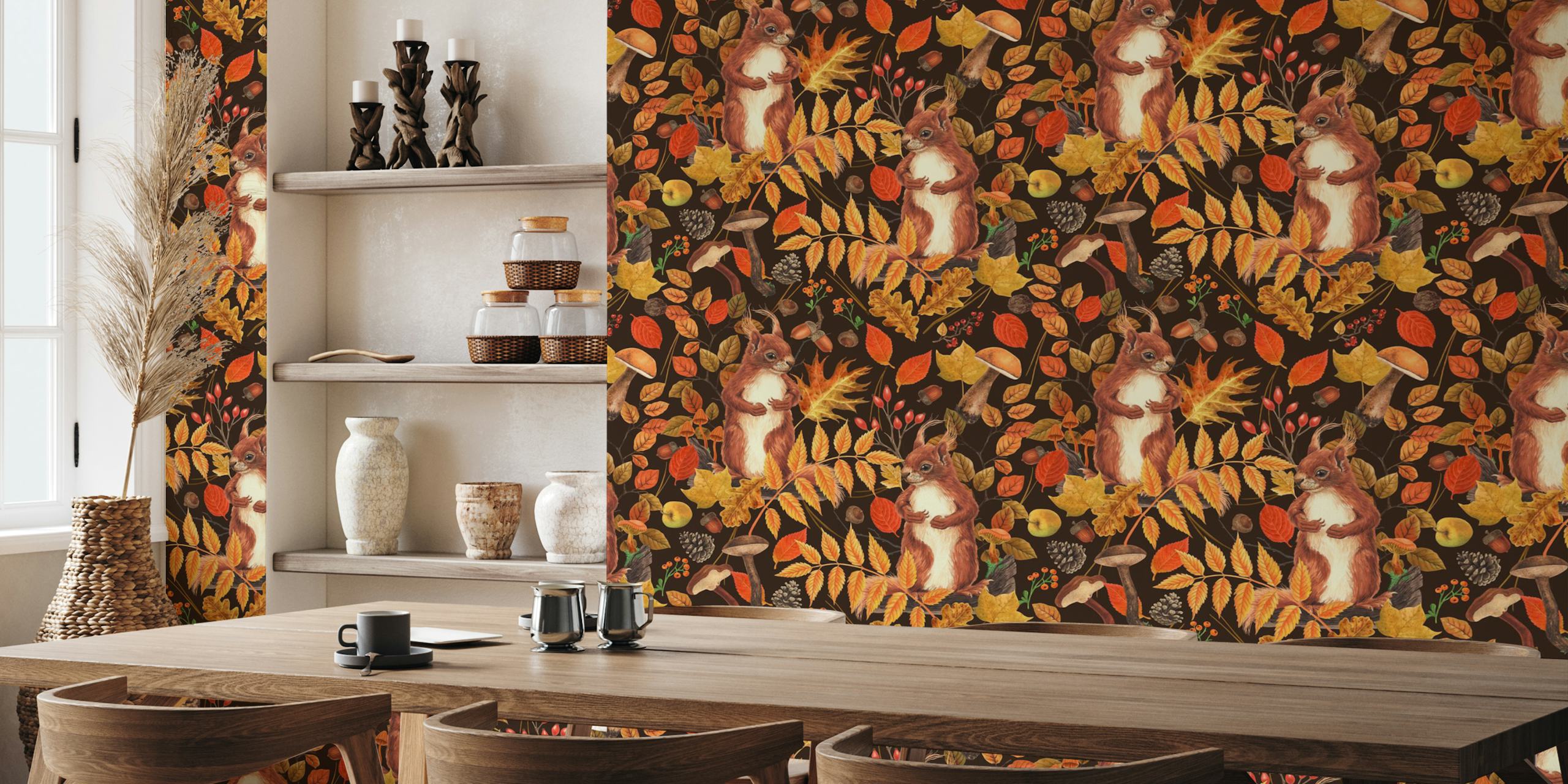 Autumnal squirrels and flora diseño de papel tapiz