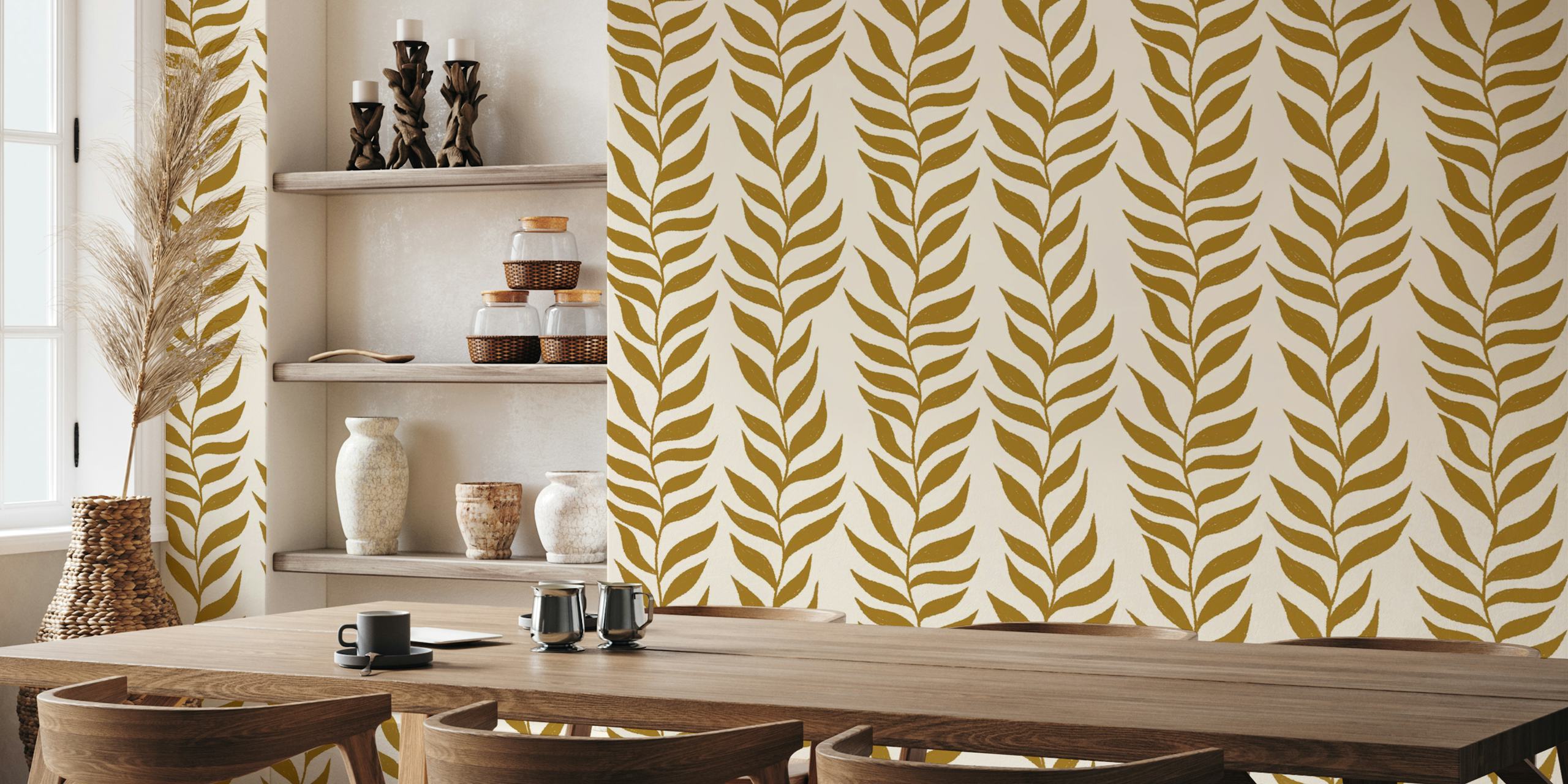 Handgetekend gouden klimopbladeren op een crème achtergrond wallpaper