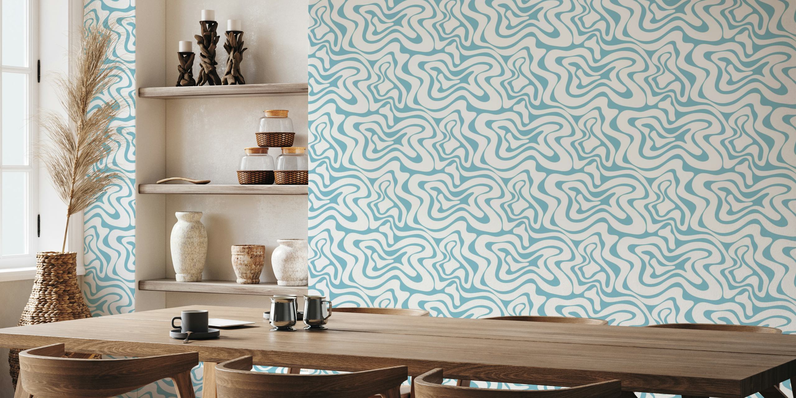 Curvy abstract wave pattern in light blue and white wallpaper