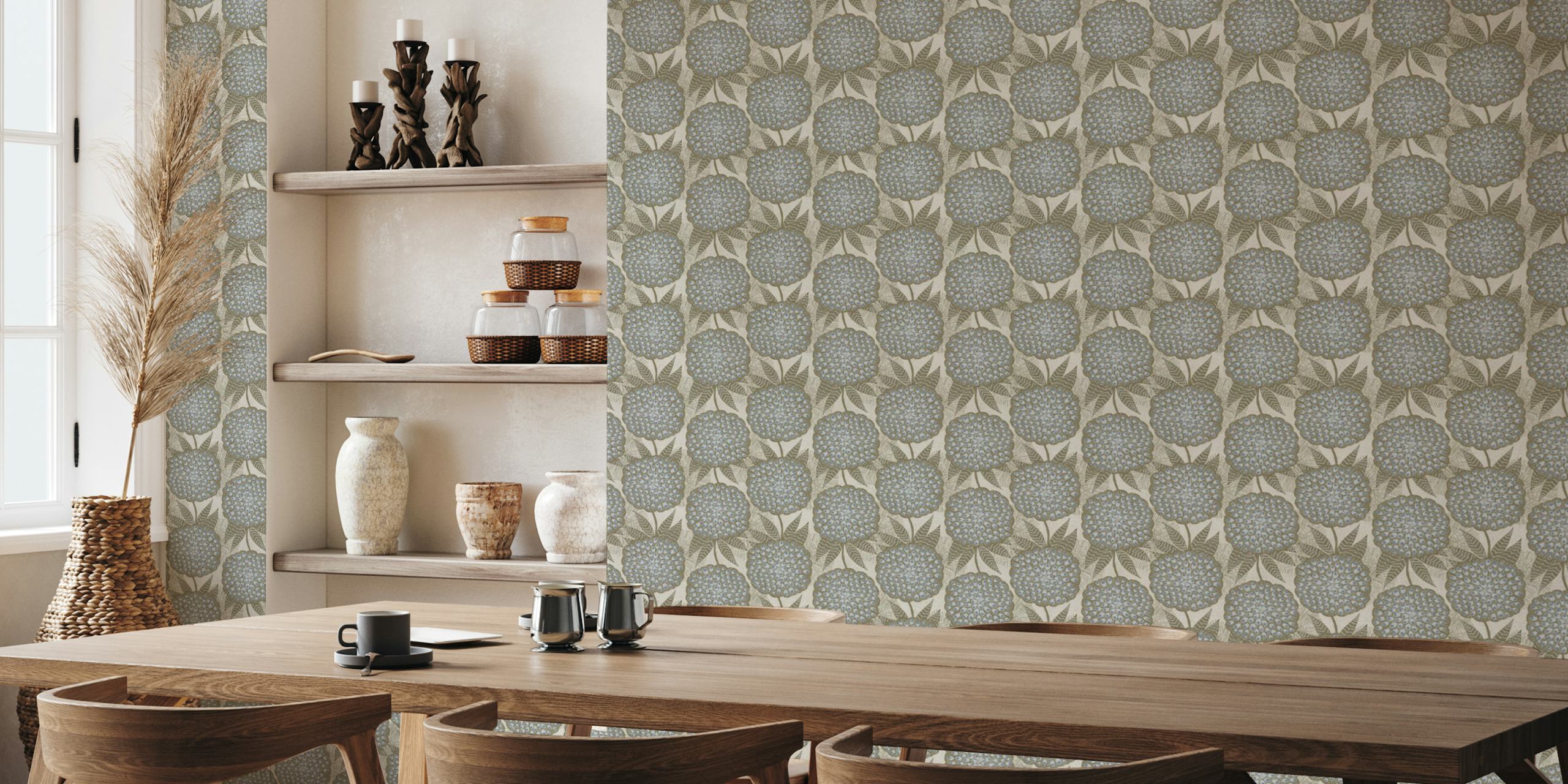 Blue floral pattern wallpaper with large flowers and leaves