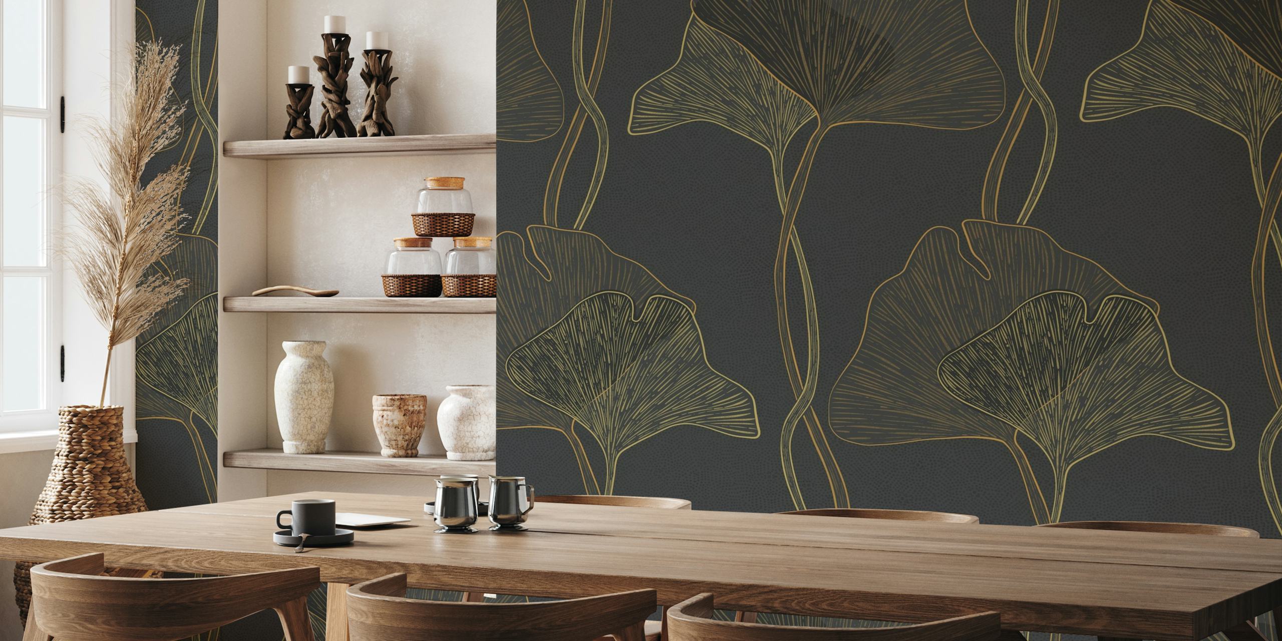 Zidna slika s listovima ginka u stilu secesije s tamnom pozadinom i zlatnim detaljima.