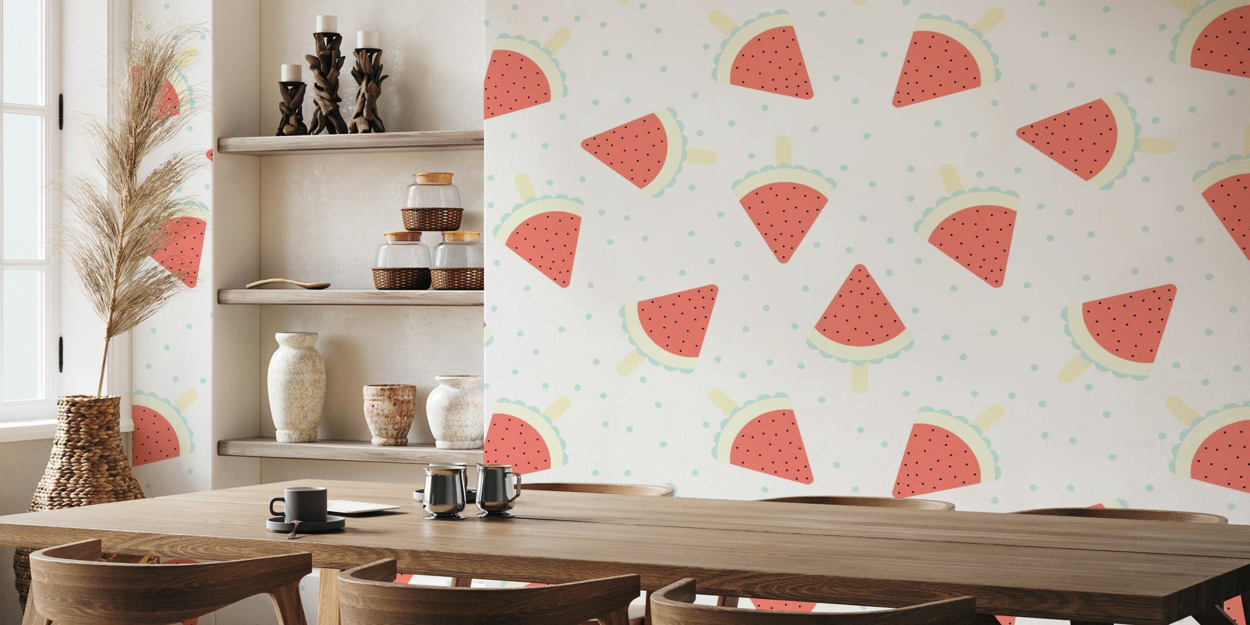 Watermelon popsicles and polka dots pattern wall mural on a light blue background
