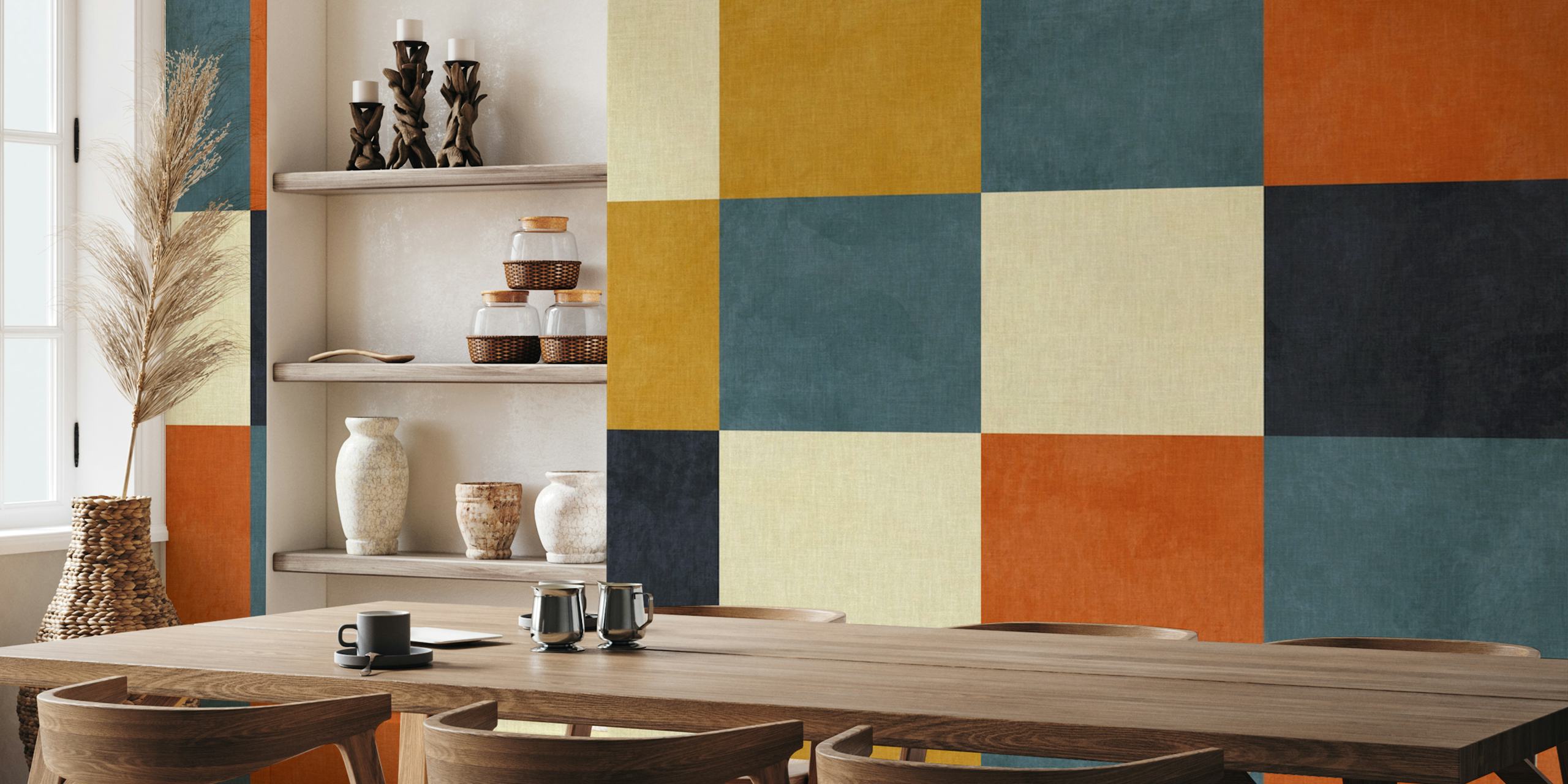 Mid-century checker geometry tapet i ett rum
