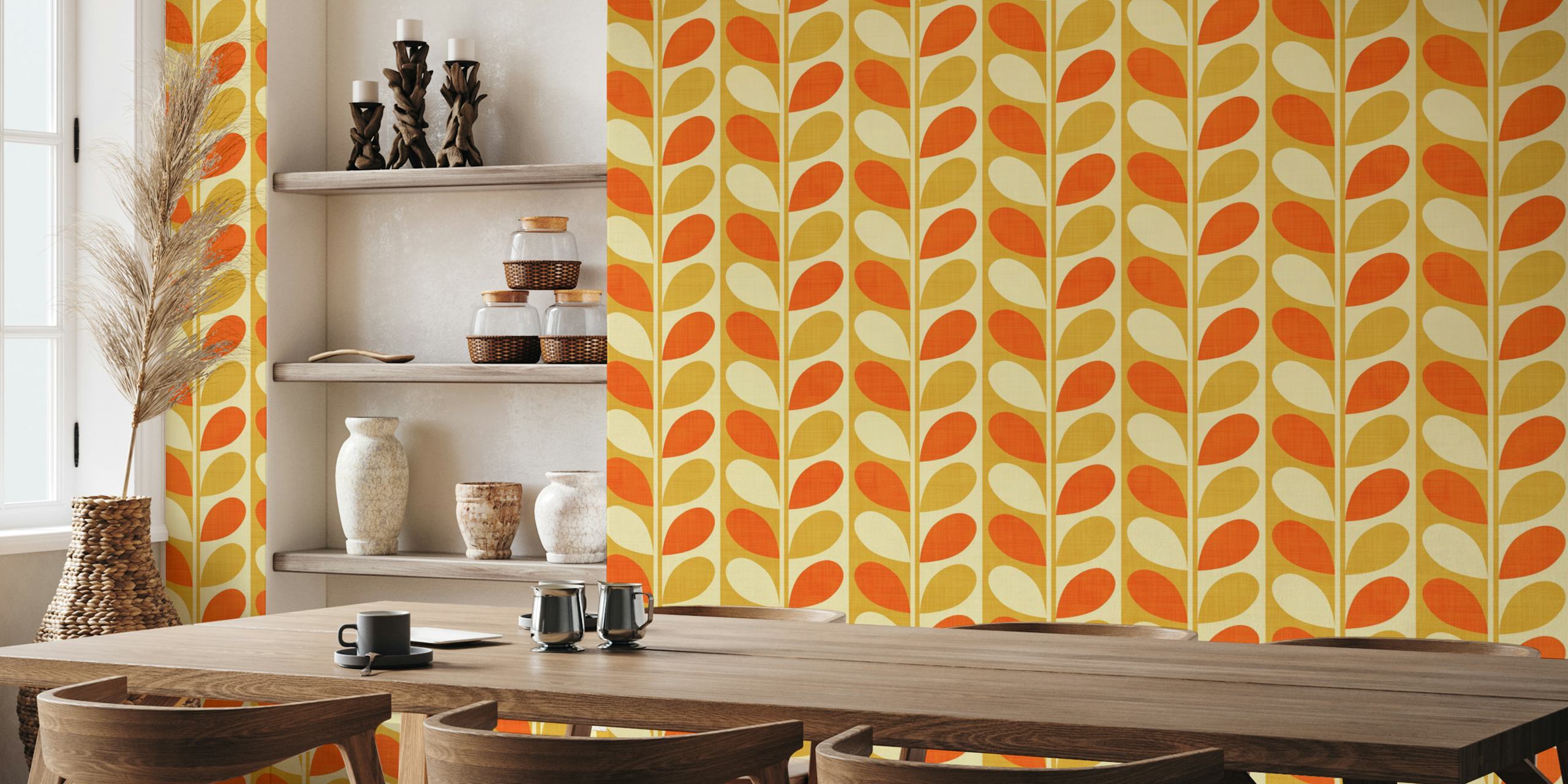 Midcentury modern leaves wallpaper in a room