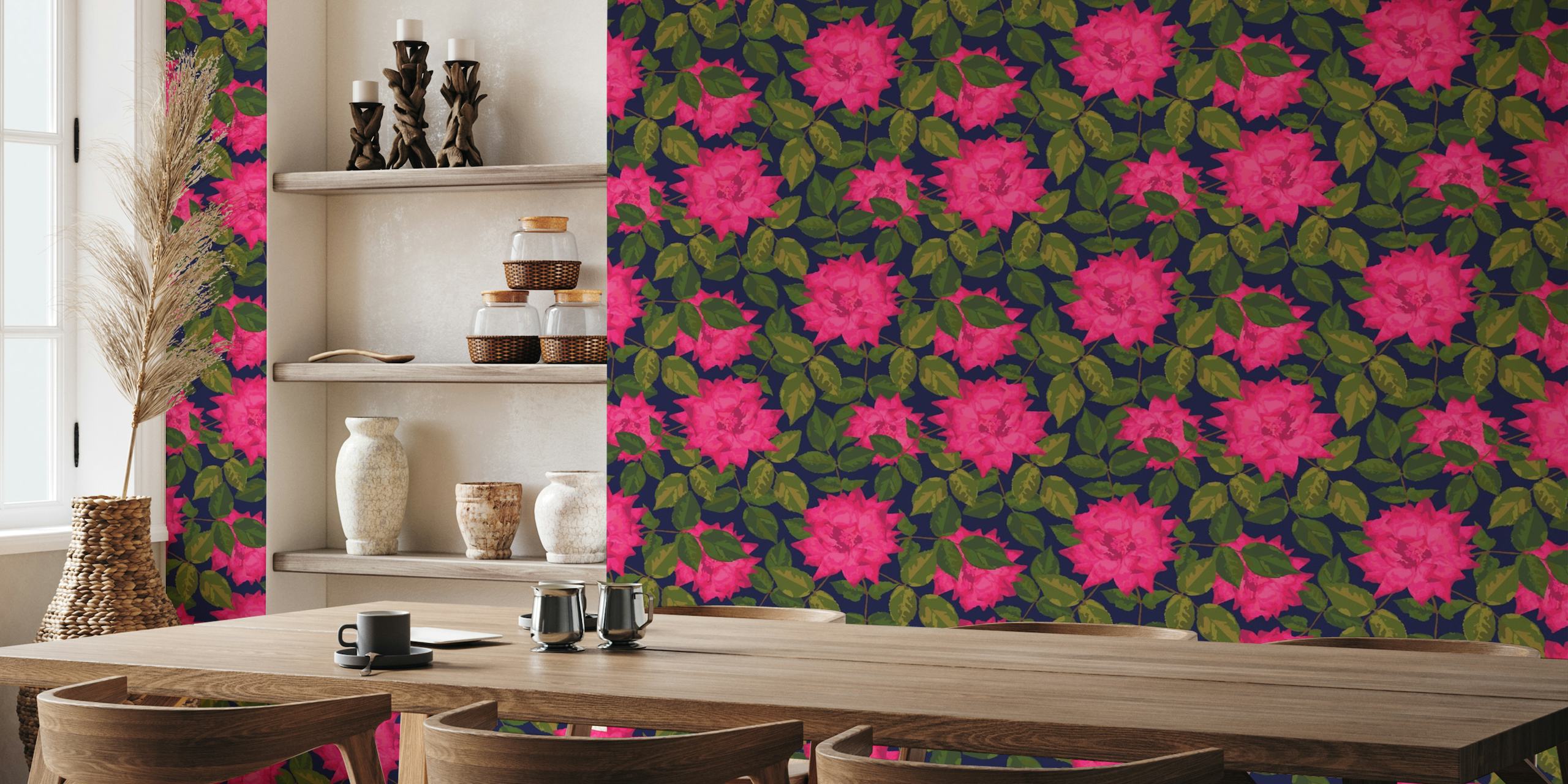Pink rose floral pattern on navy background for wall mural