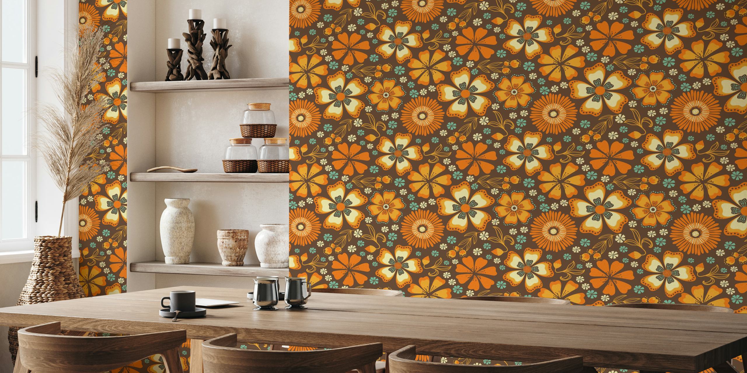 Retro floral pattern with orange, brown, and teal colors wallpaper