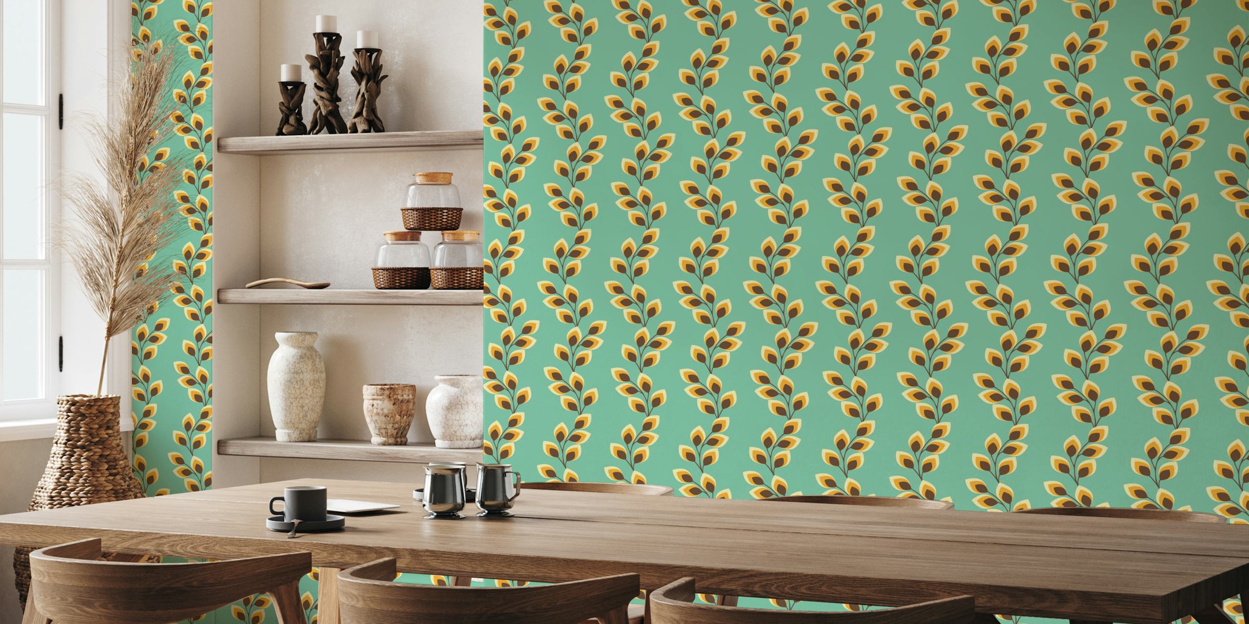 Papel de parede Retro wavy leaves em teal