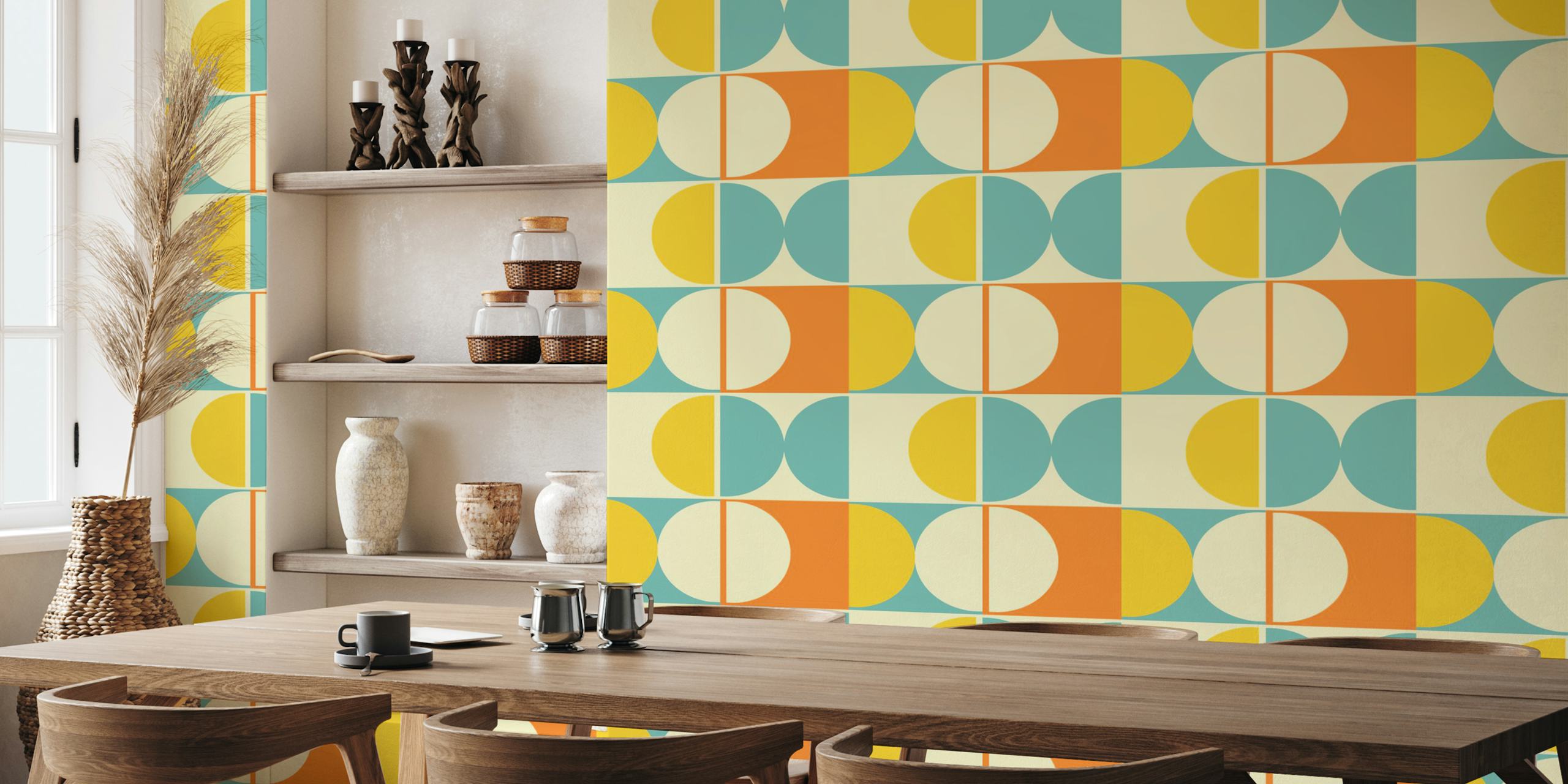 Retro geometric wallpaper with circles in teal, orange, and yellow
