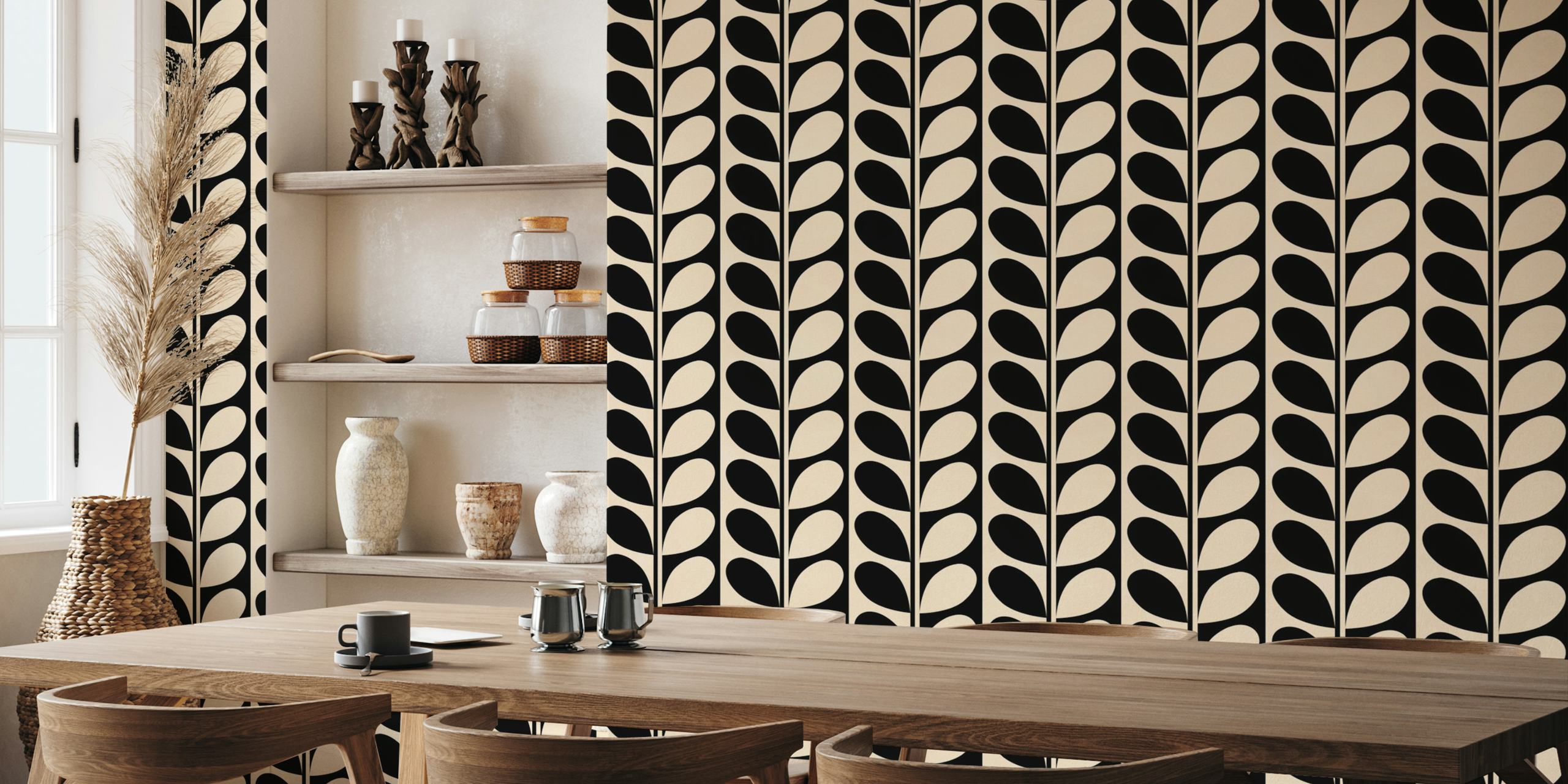 Vintage Geo Stripe Leaves behang in een kamer