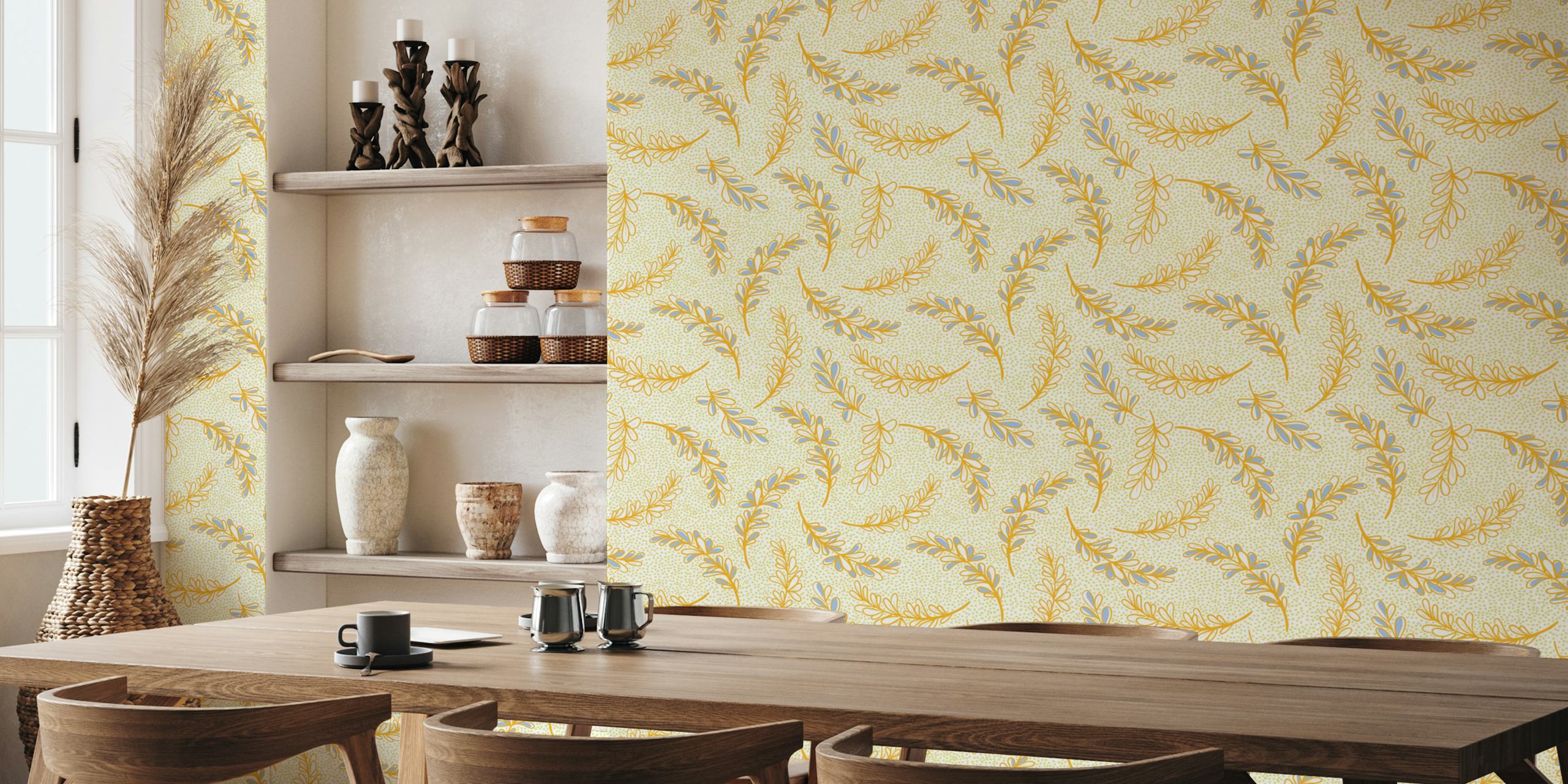 yellow floral pattern with blue leaves wallpaper