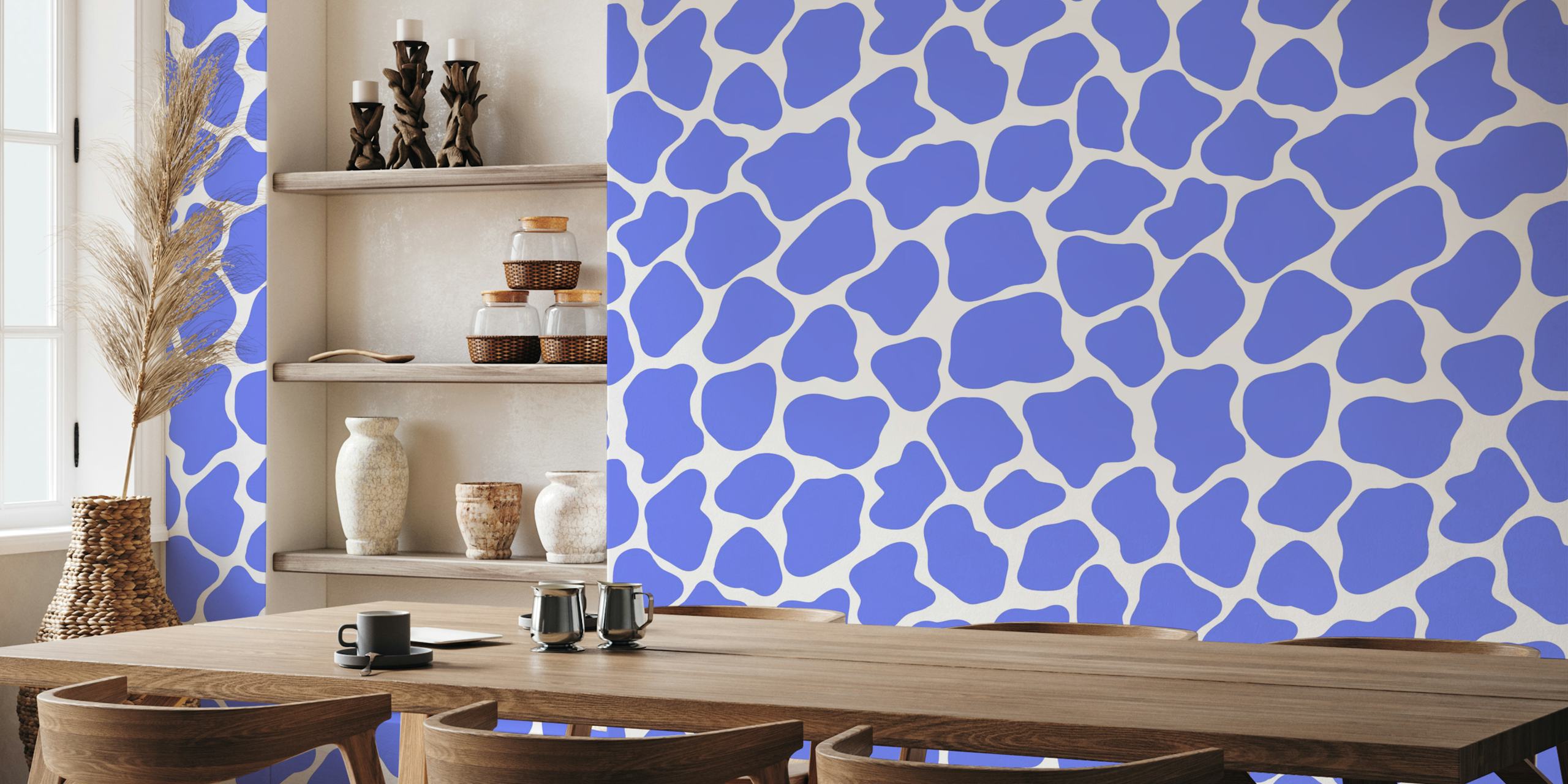 Blue giraffe pattern wallpaper in a room