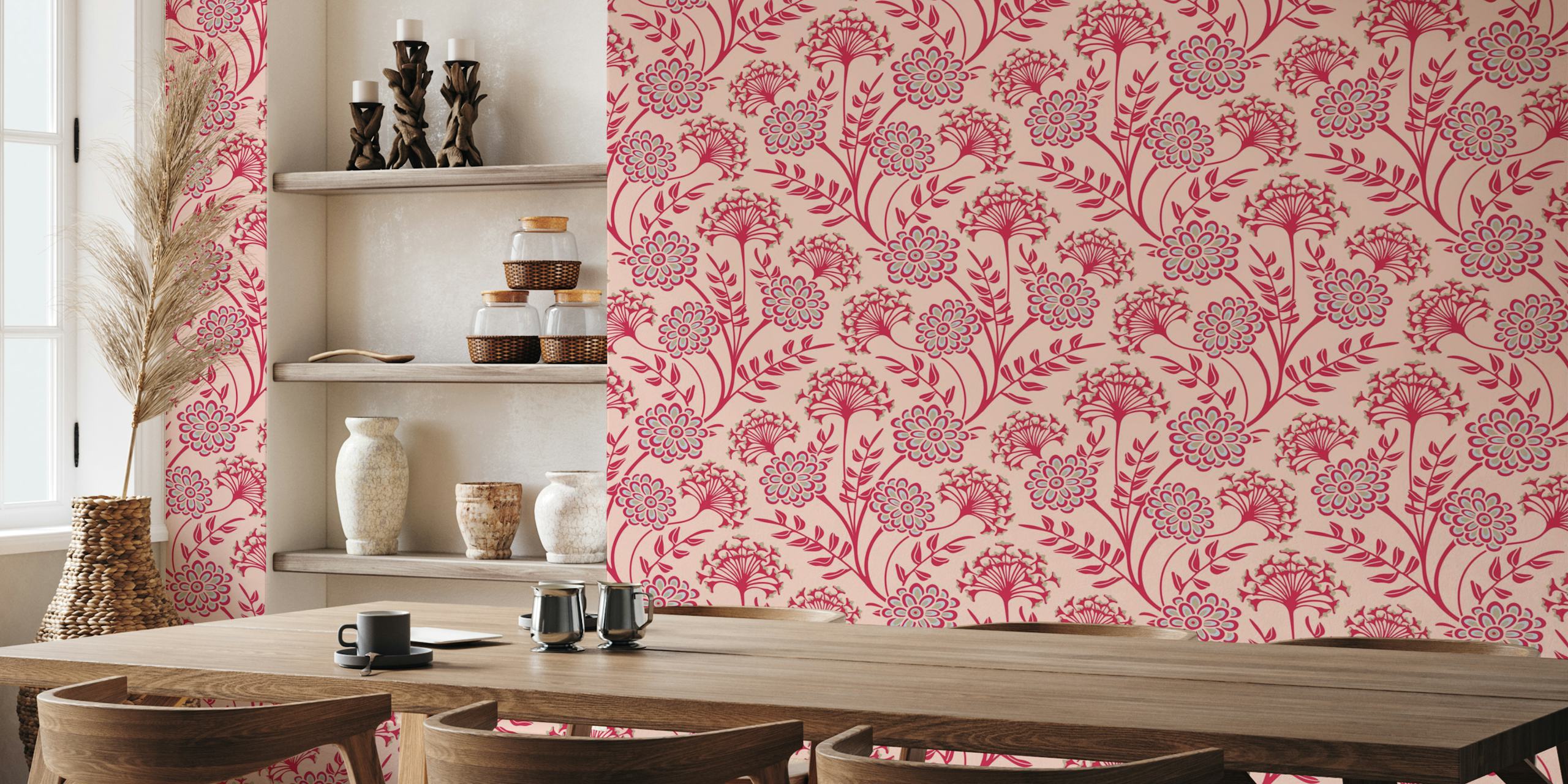 Floral wallpaper design in a room setting