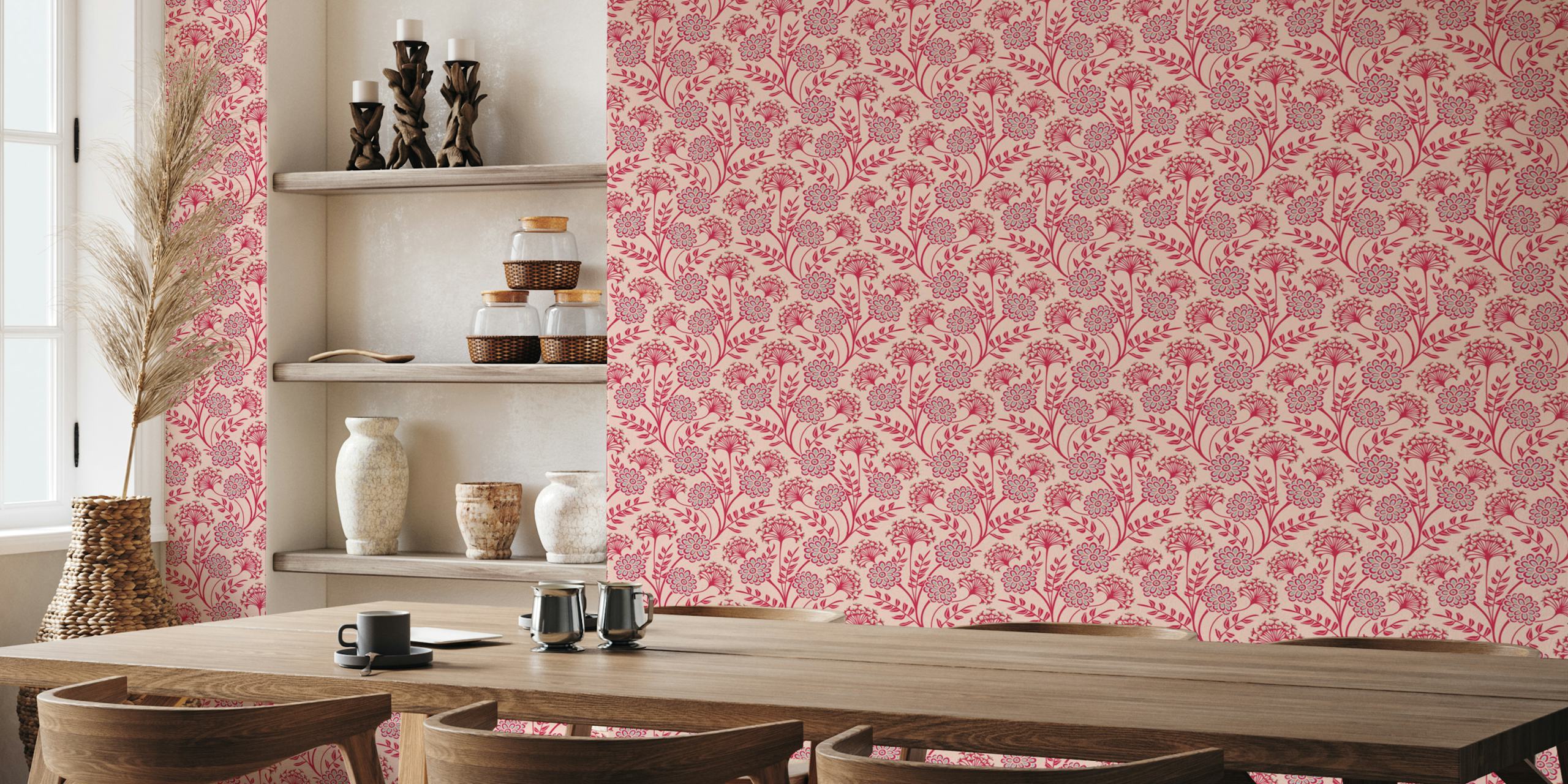 Carta da parati floreale beige e magenta con design in stile cottage su piccola scala