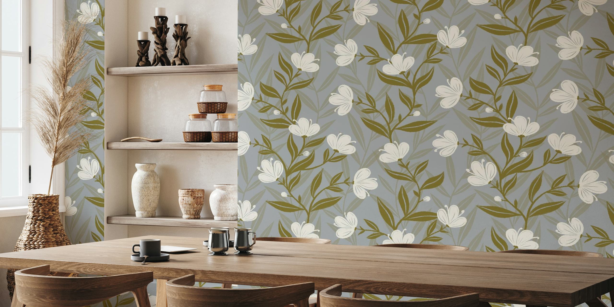 Peaceful Wildflowers in Gray Ivory Sage Green tapet