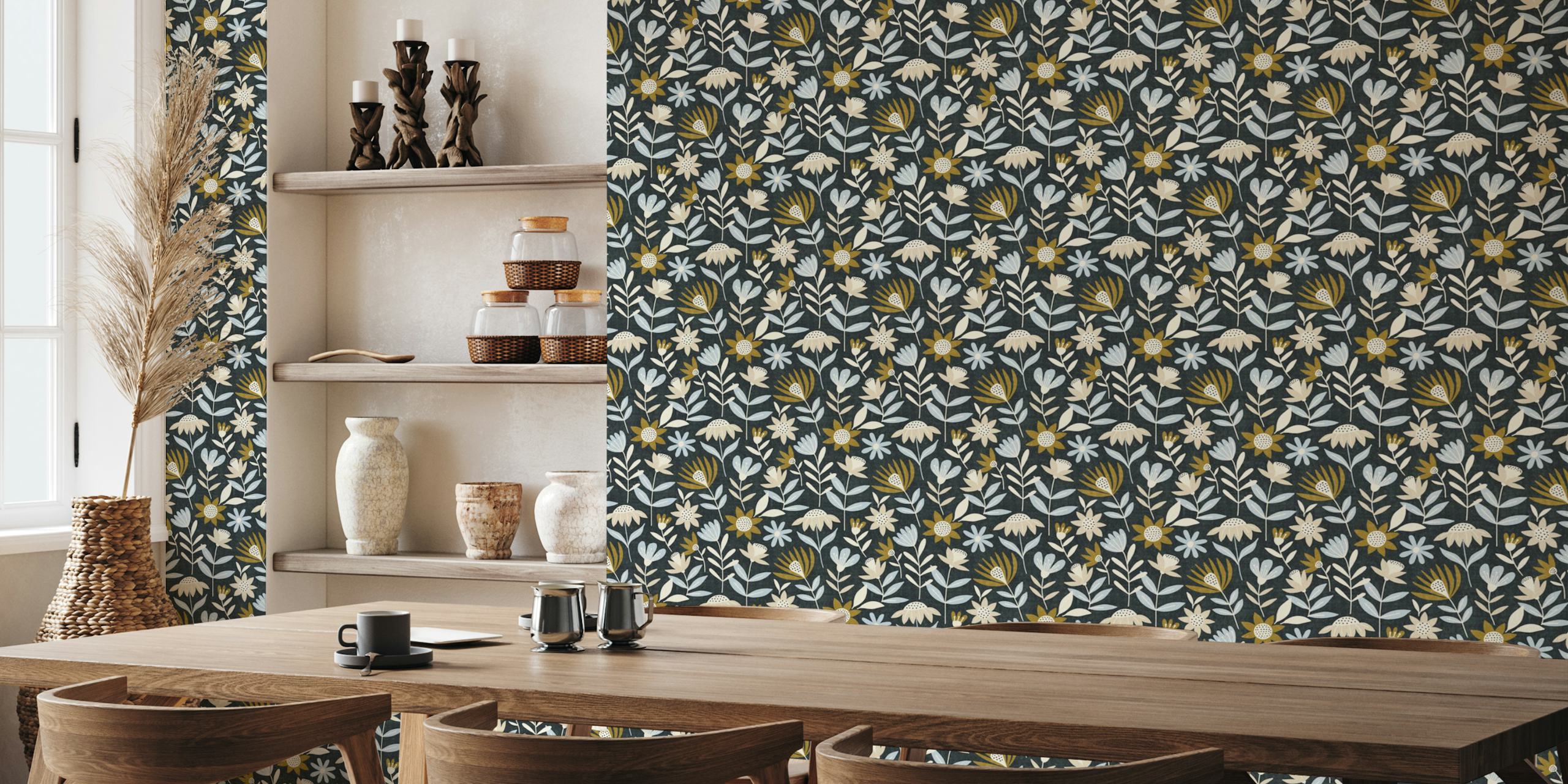 Stylish floral pattern with navy background and pastel flowers wallpaper