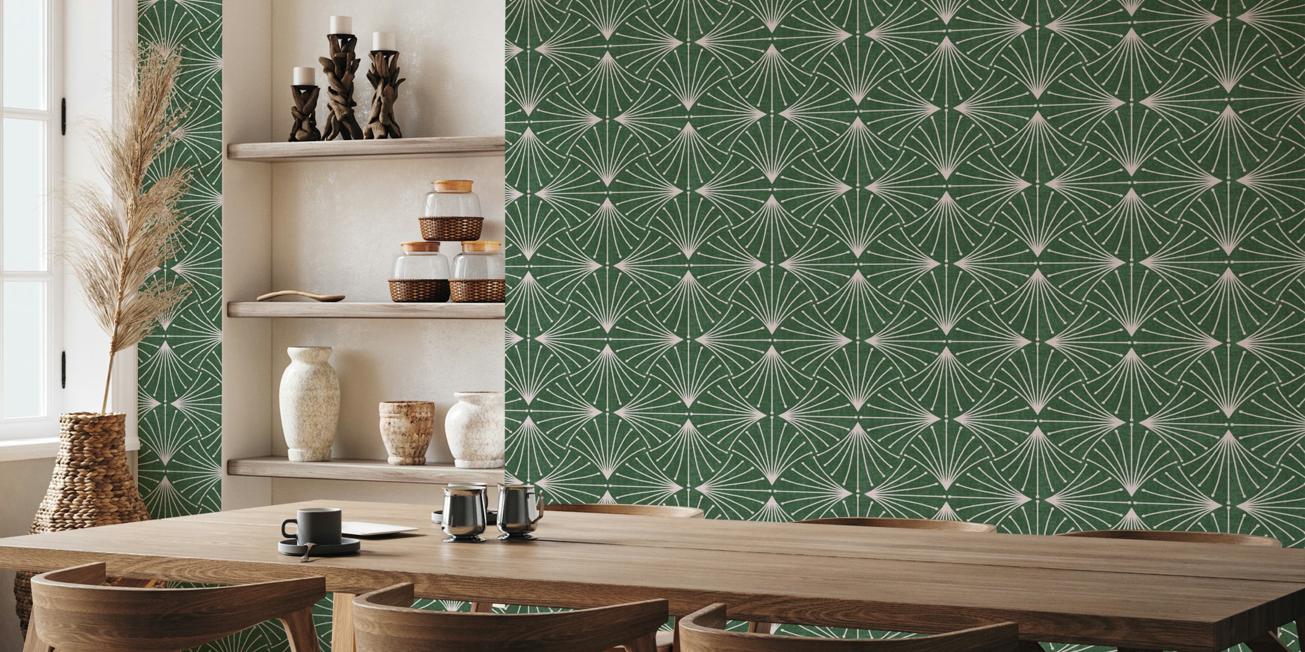 Floral design with white lines on a green background wallpaper