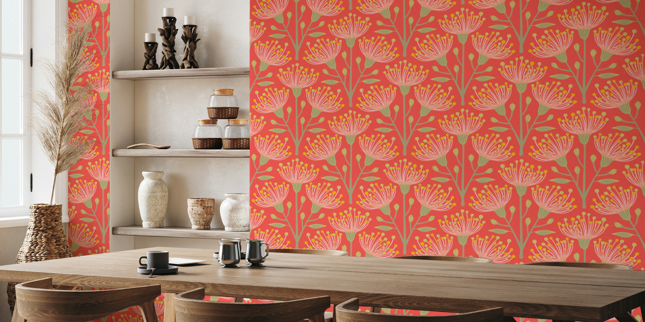 Eucalyptus floral wallpaper in coral orange