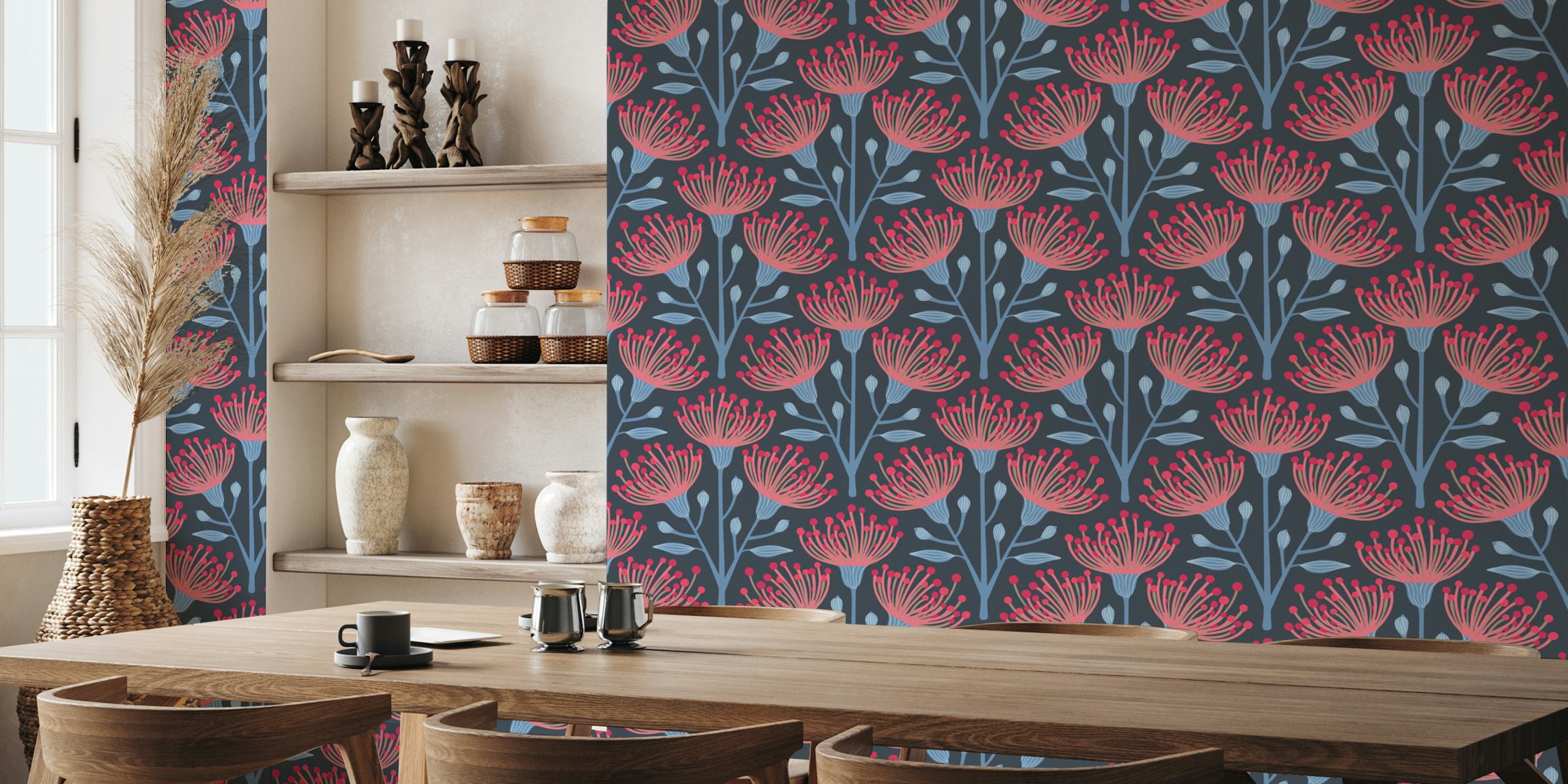 Pink floral eucalyptus pattern on navy blue wallpaper