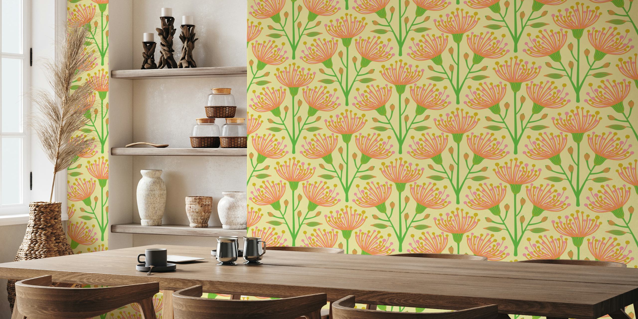 Floral pattern in pink and green on light yellow wallpaper