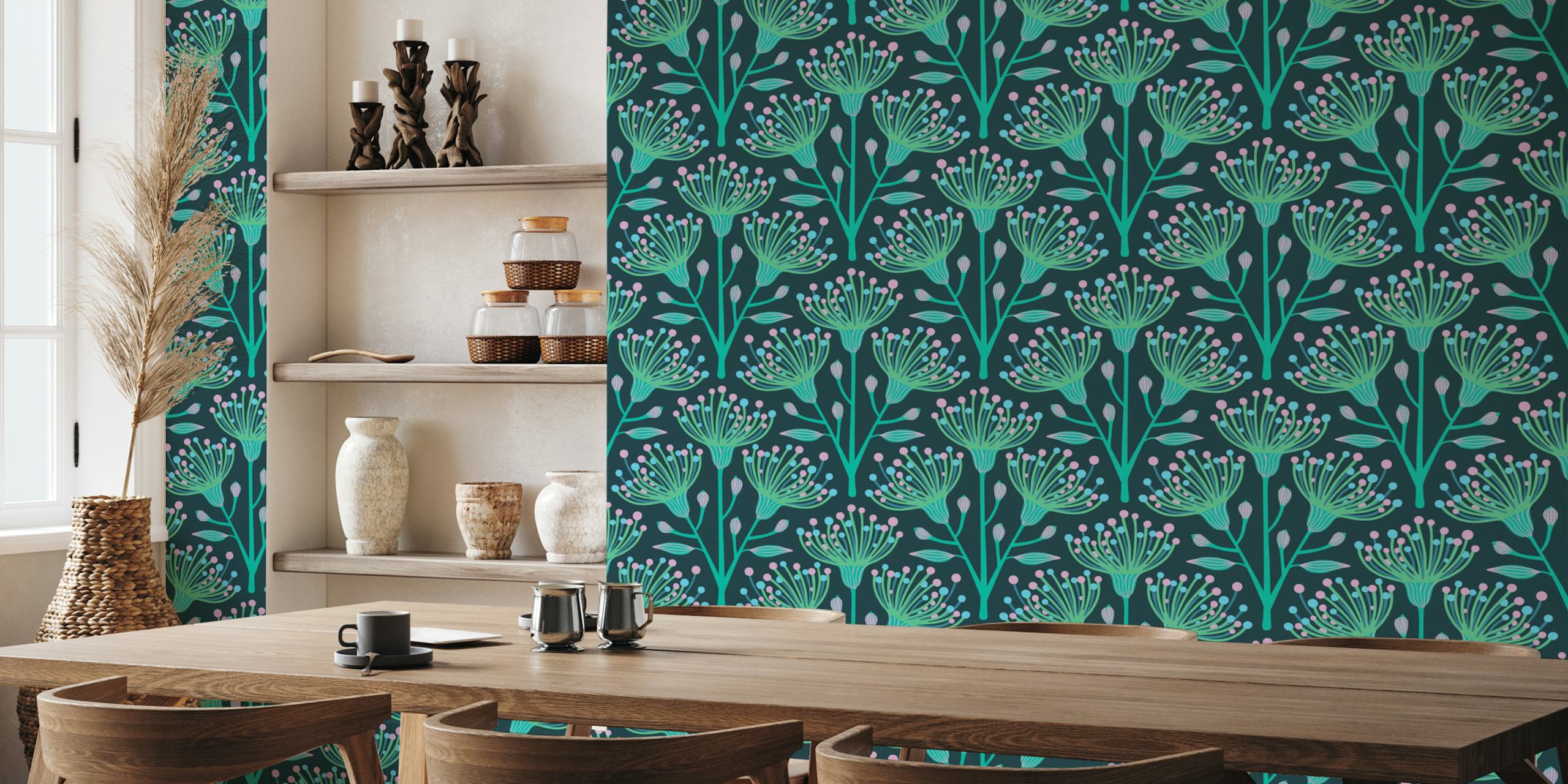 Eucalyptus Floral Kasvitieteellinen Seinämaalaus Vesi- Ja Turkoosivärisinä, Joissa On Seesteisiä Eukalyptuskuvioita.