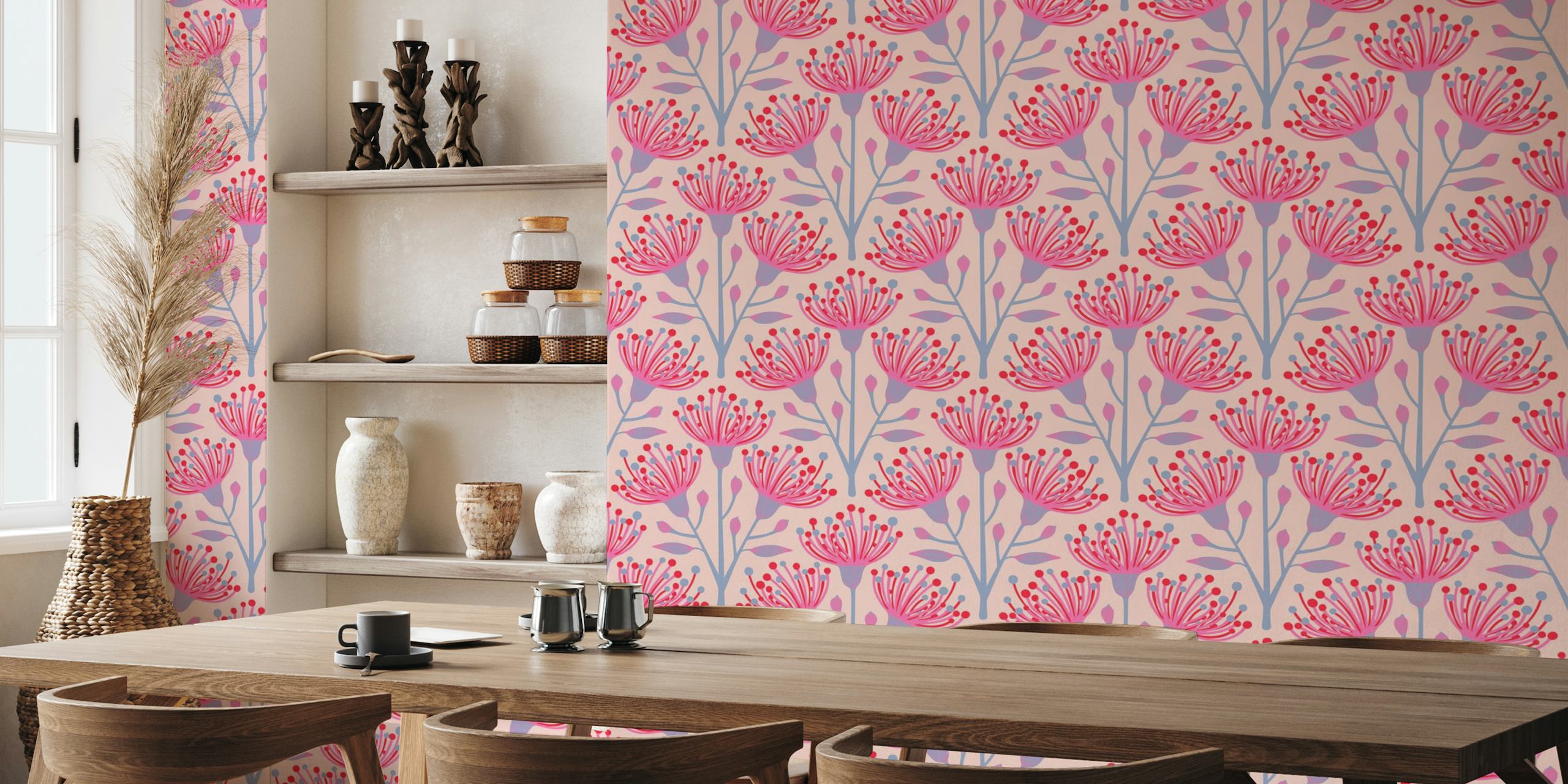 EUCALYPTUS Floral Botanical wall mural featuring pink, red, and purple color palette