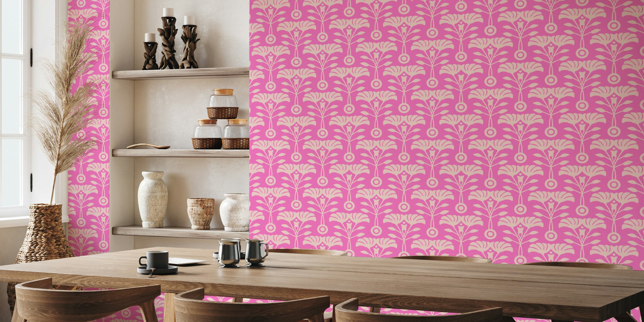 Mid-Century Floral Pink Wallpaper Ontwerp In Een Kamer
