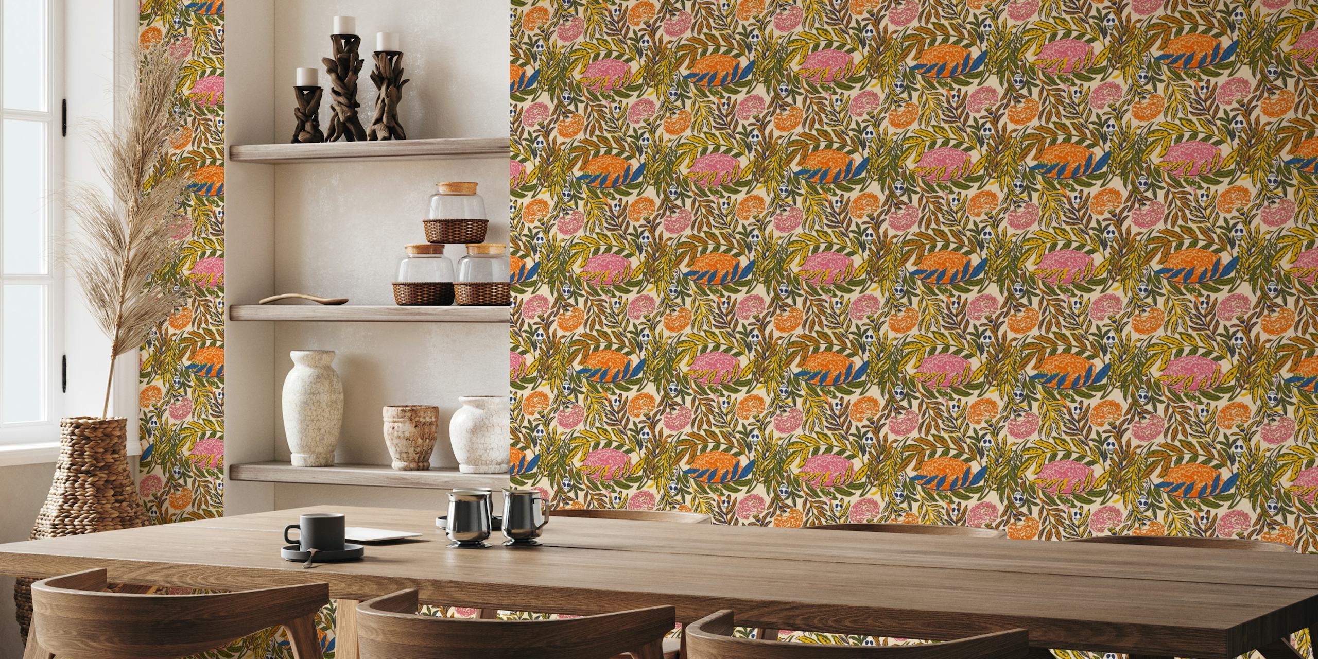 Mexican marigold and skulls wallpaper