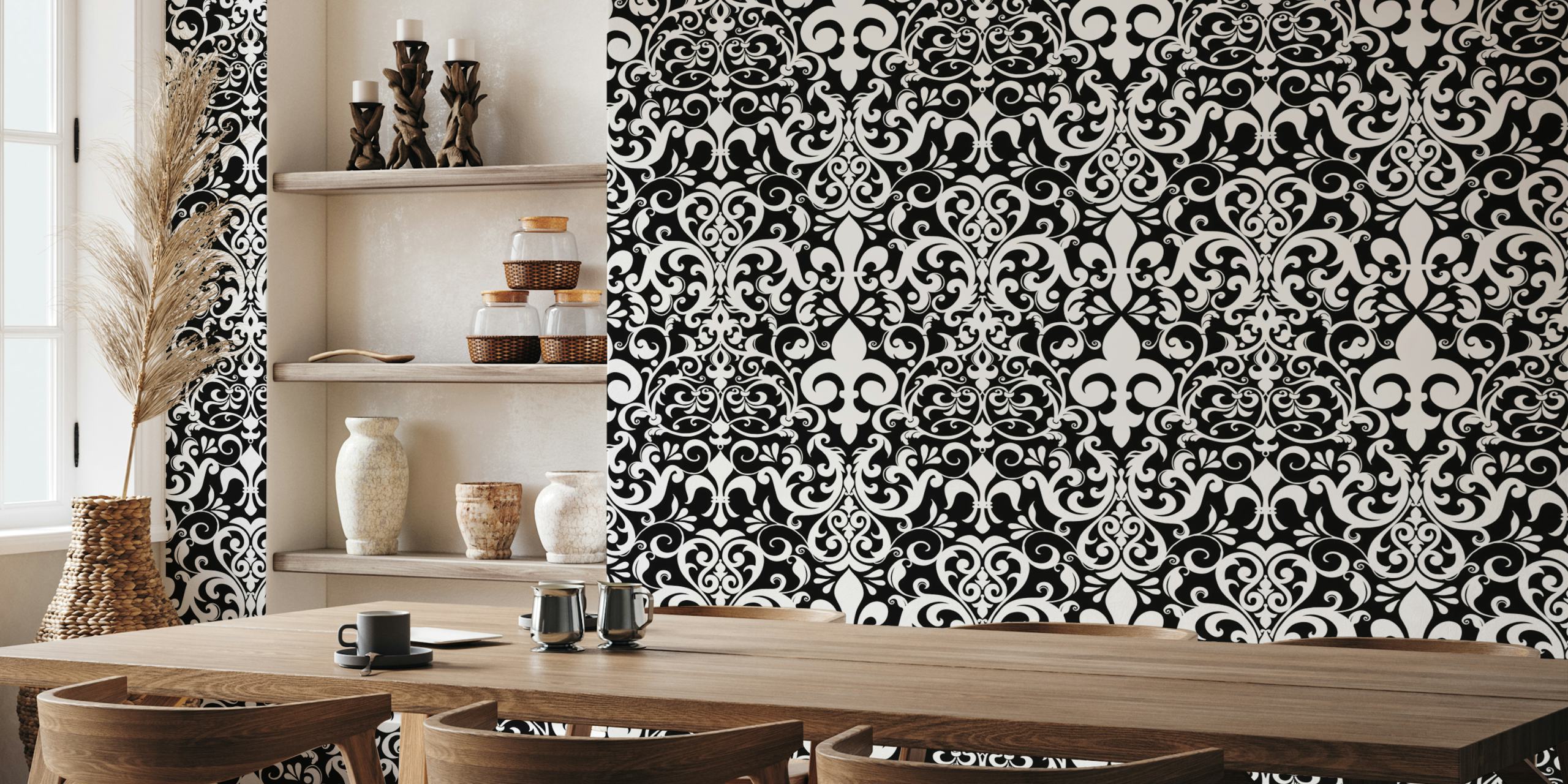 Fleur de lis damask pattern in black and white wallpaper